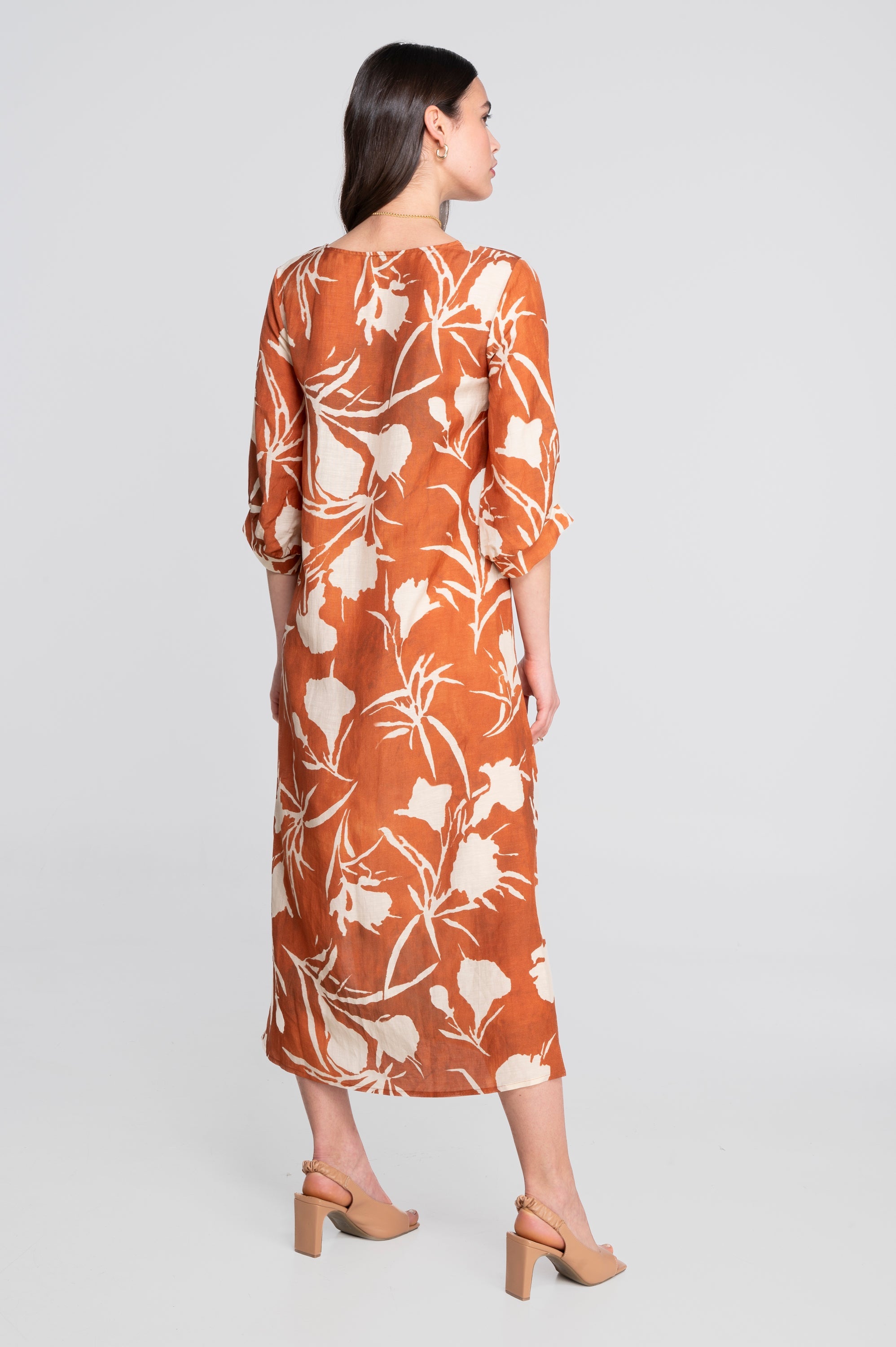 Kaftan-style printed linen-viscose dress A7555VL