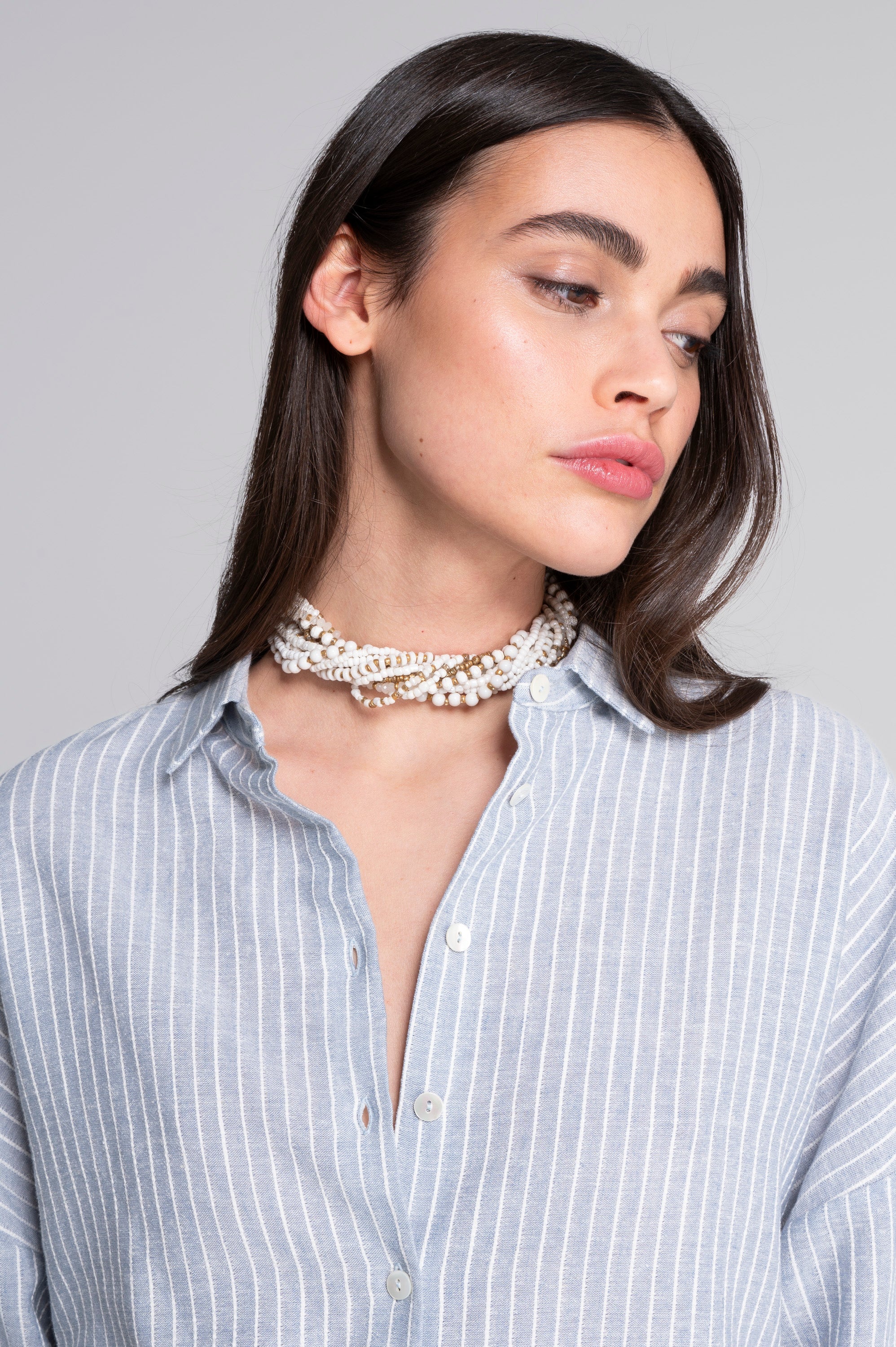 Oversized striped cotton-linen shirt with slit cuffs 7556R