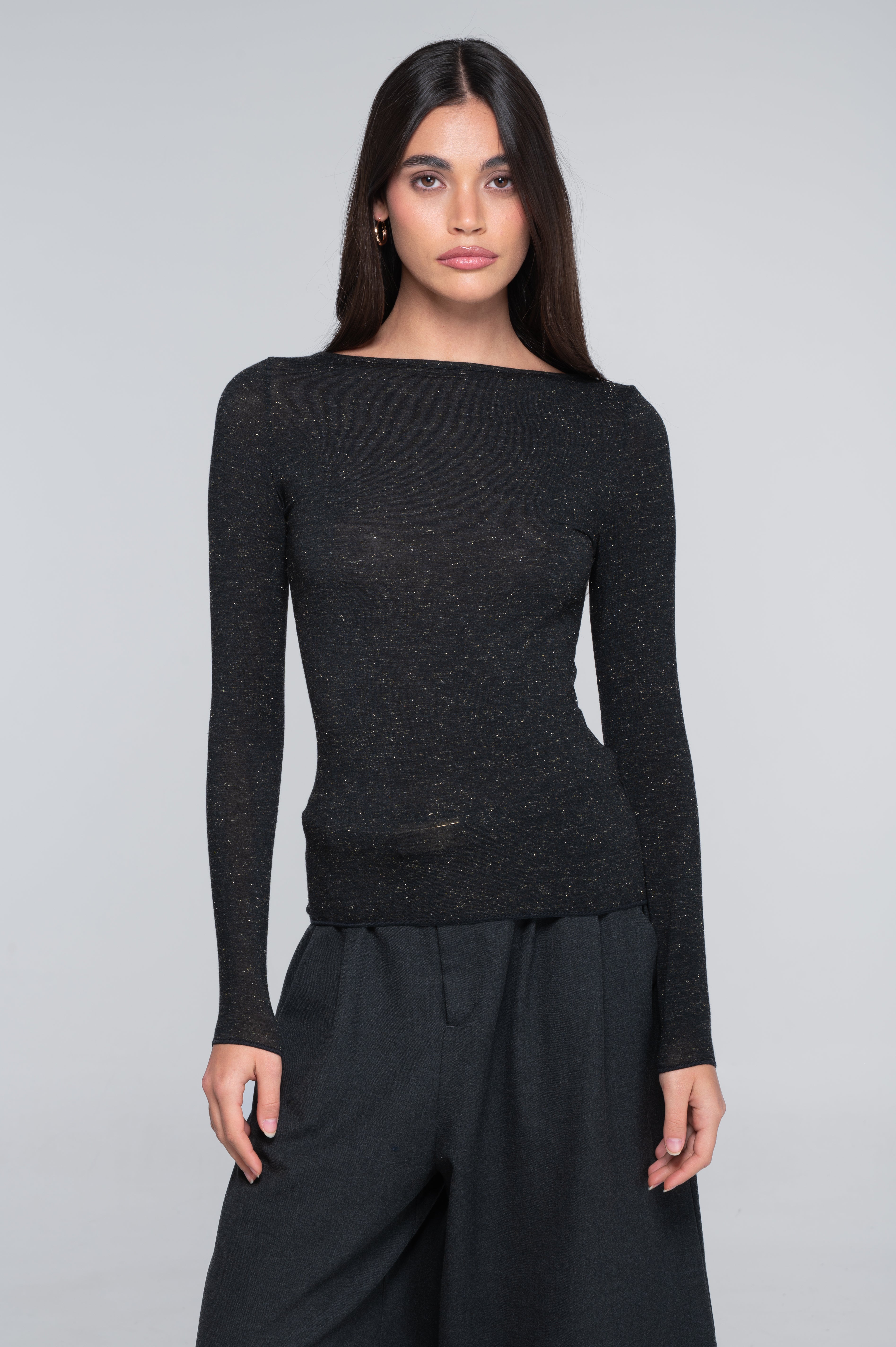 Modal cashmere long sleeves boat neck shirt 1485X