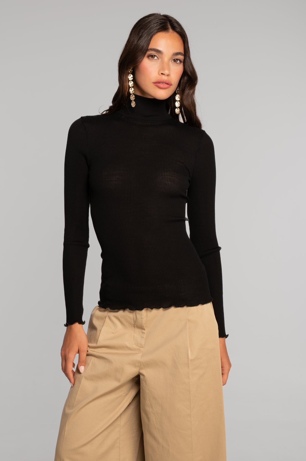 Wool and silk long sleeves mock neck shirt 3429