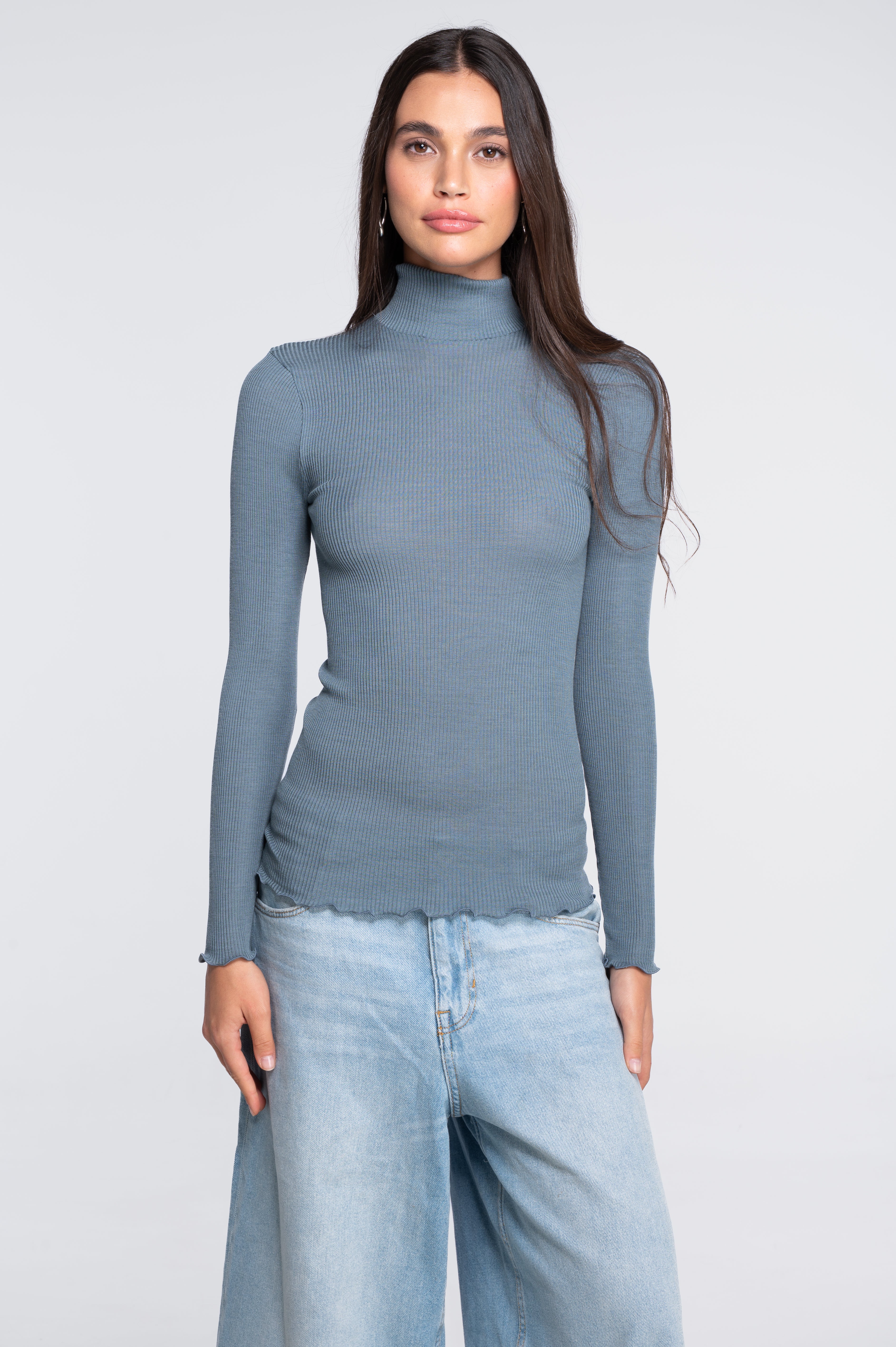 Wool and silk long sleeves mock neck shirt 3429