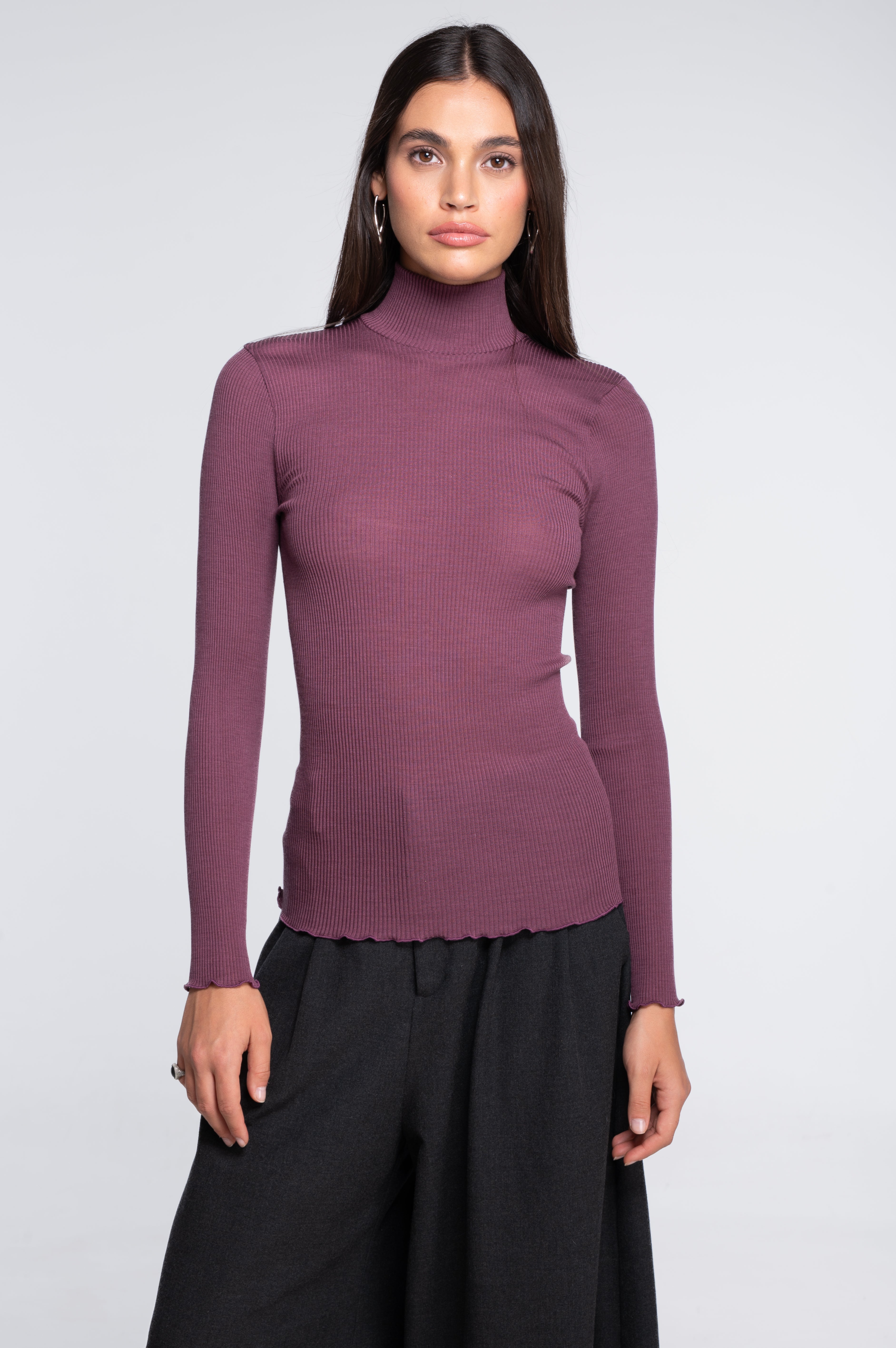 Wool and silk long sleeves mock neck shirt 3429