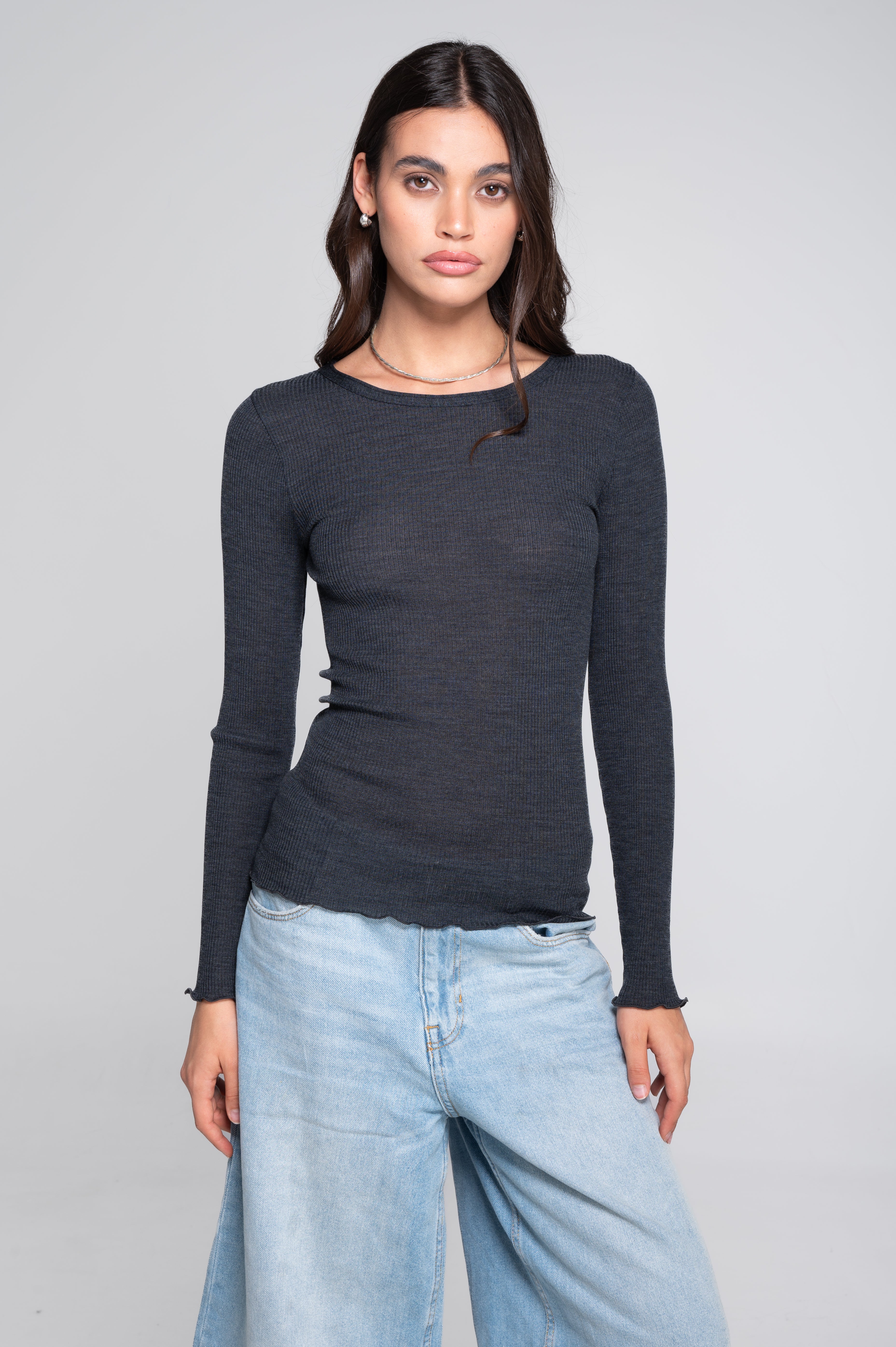 Wool and silk long sleeves roundneck shirt 3446R