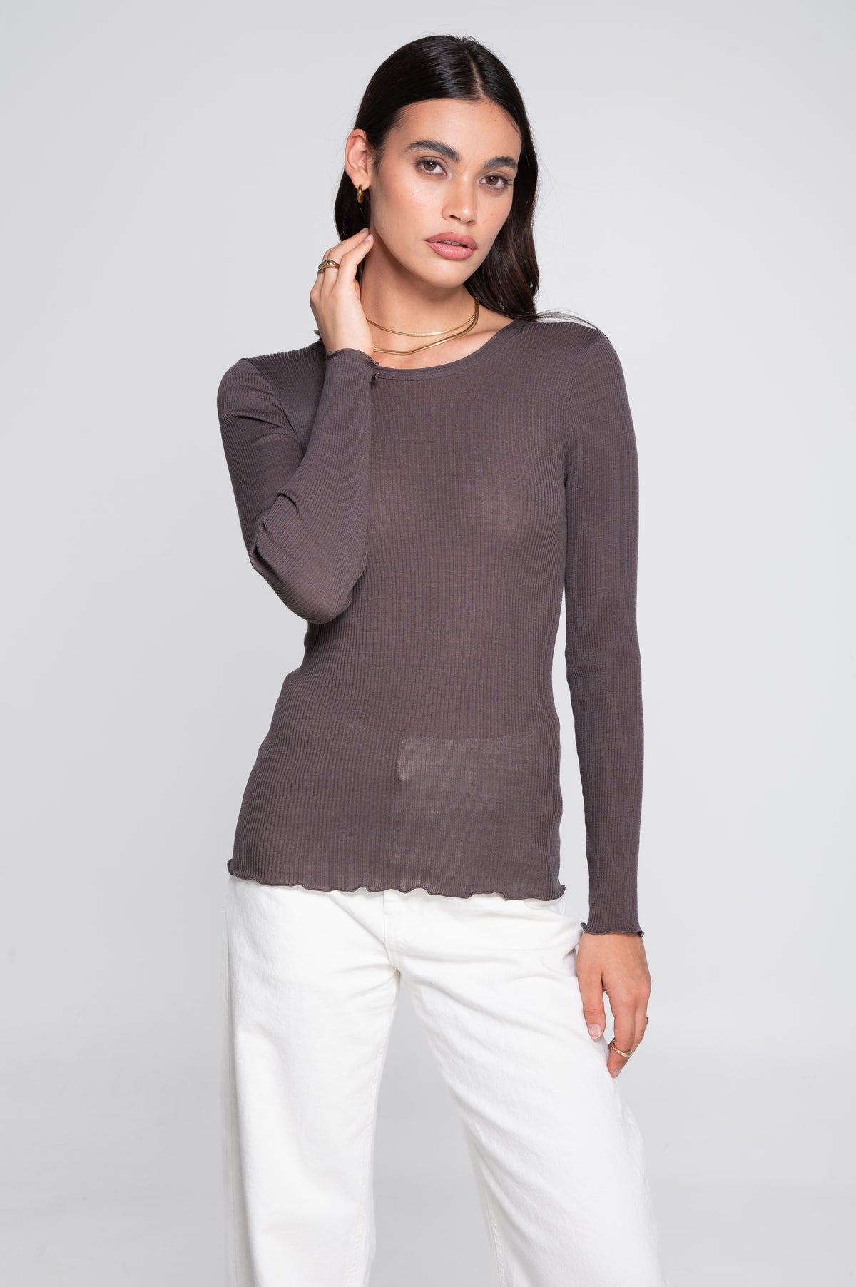Wool and silk long sleeves roundneck shirt 3446R
