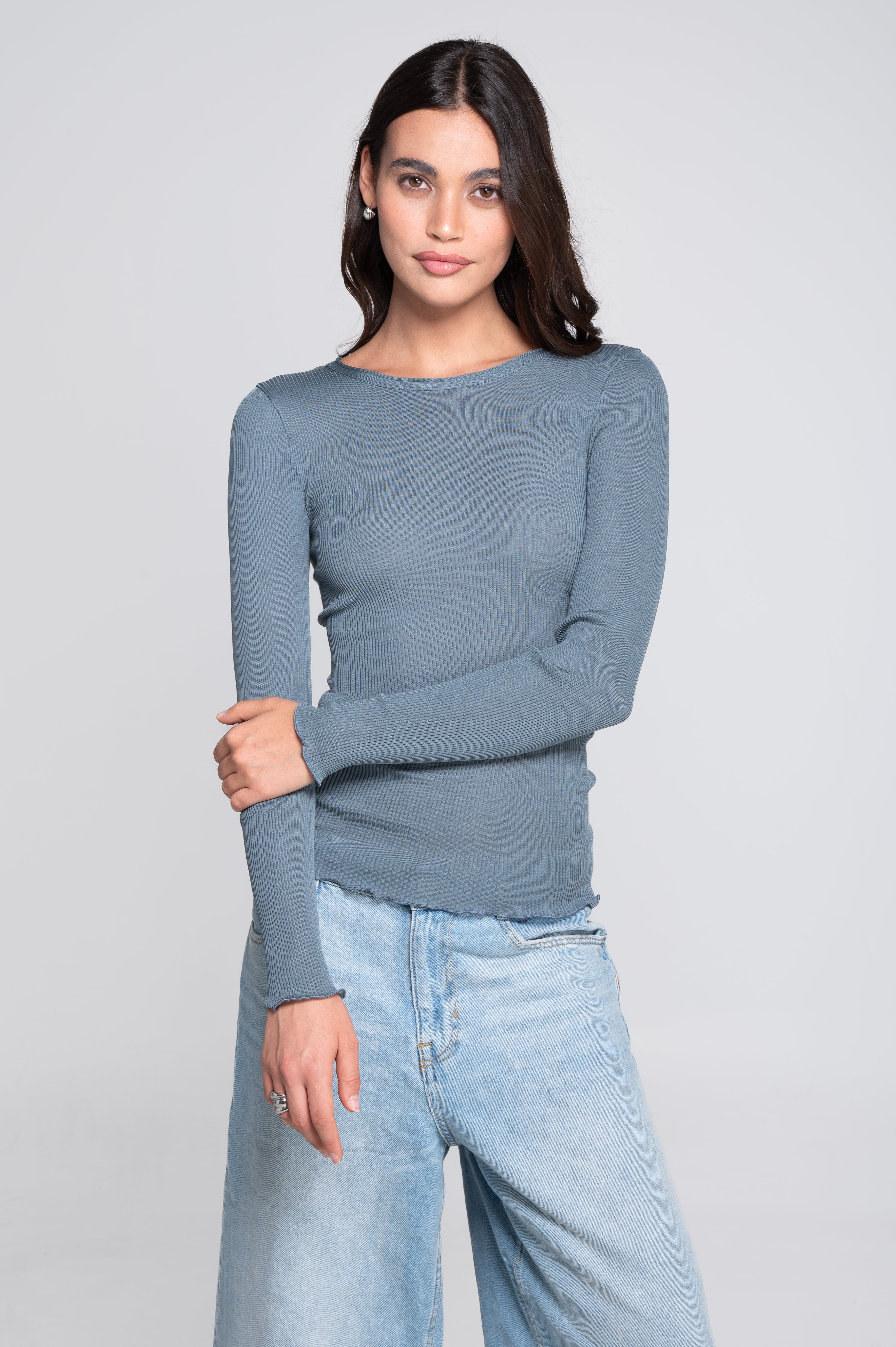 Wool and silk long sleeves roundneck shirt 3446R