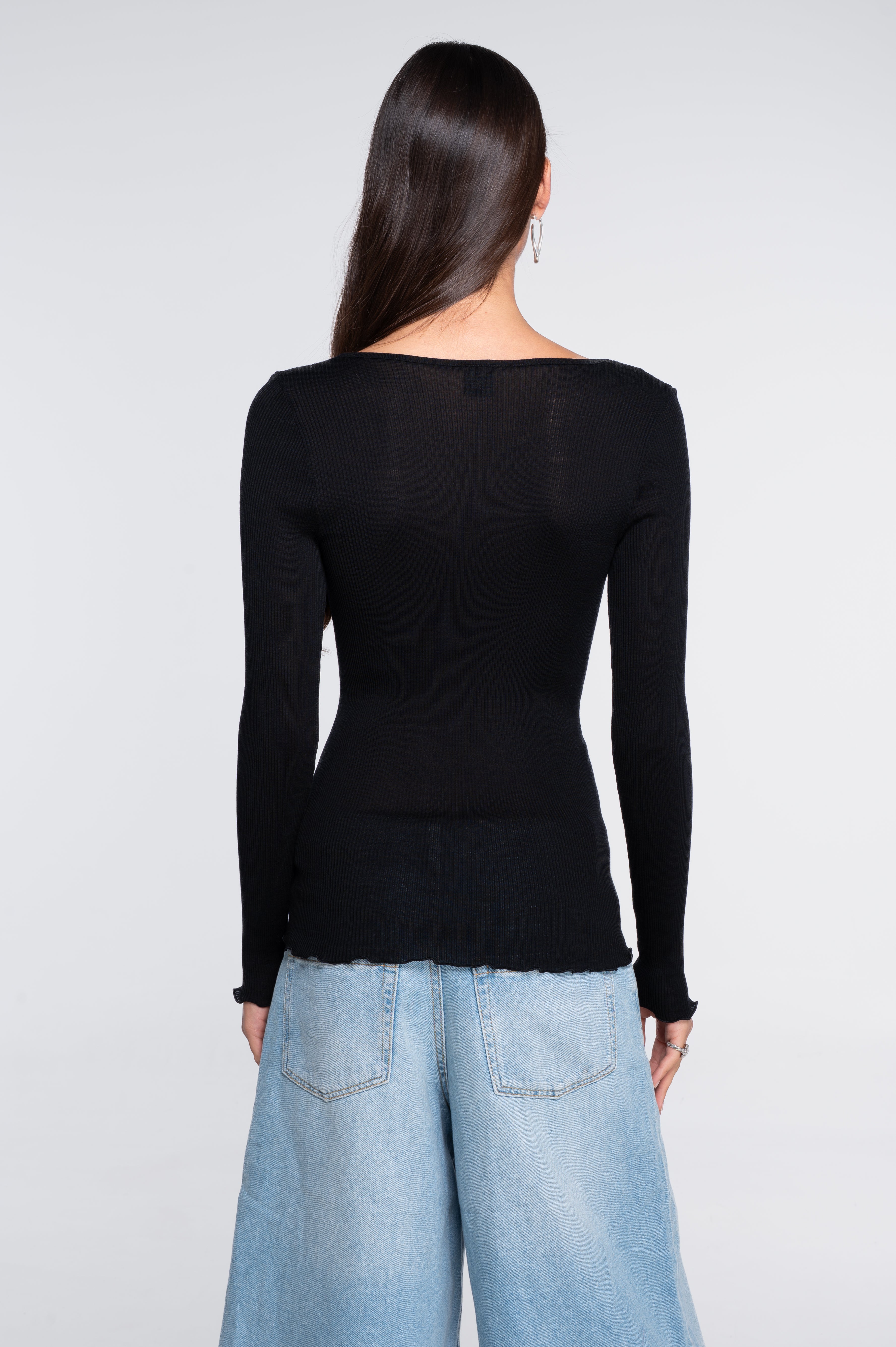 Wool and silk long sleeves V neck shirt 3486
