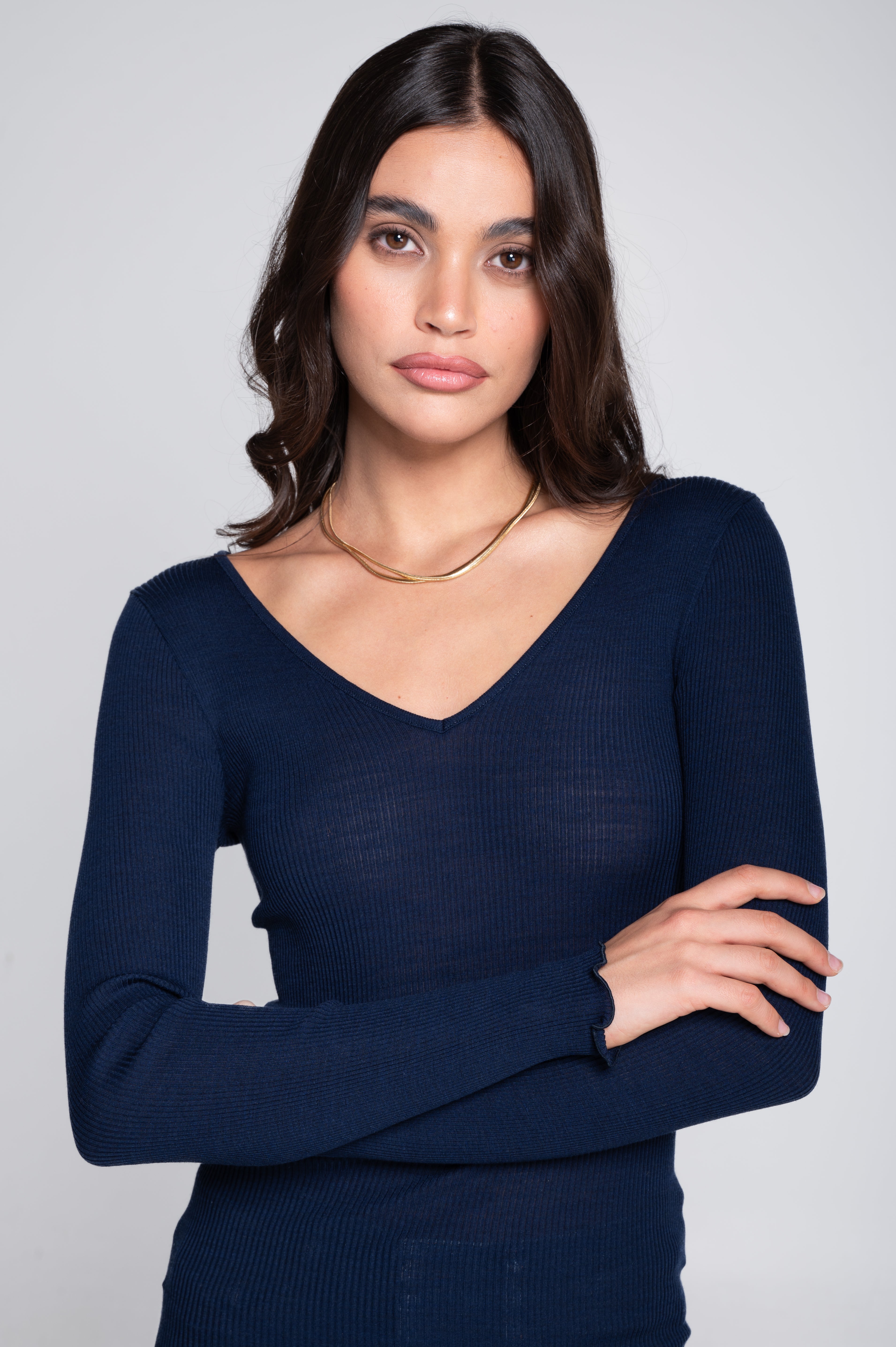 Wool and silk long sleeves V neck shirt 3486