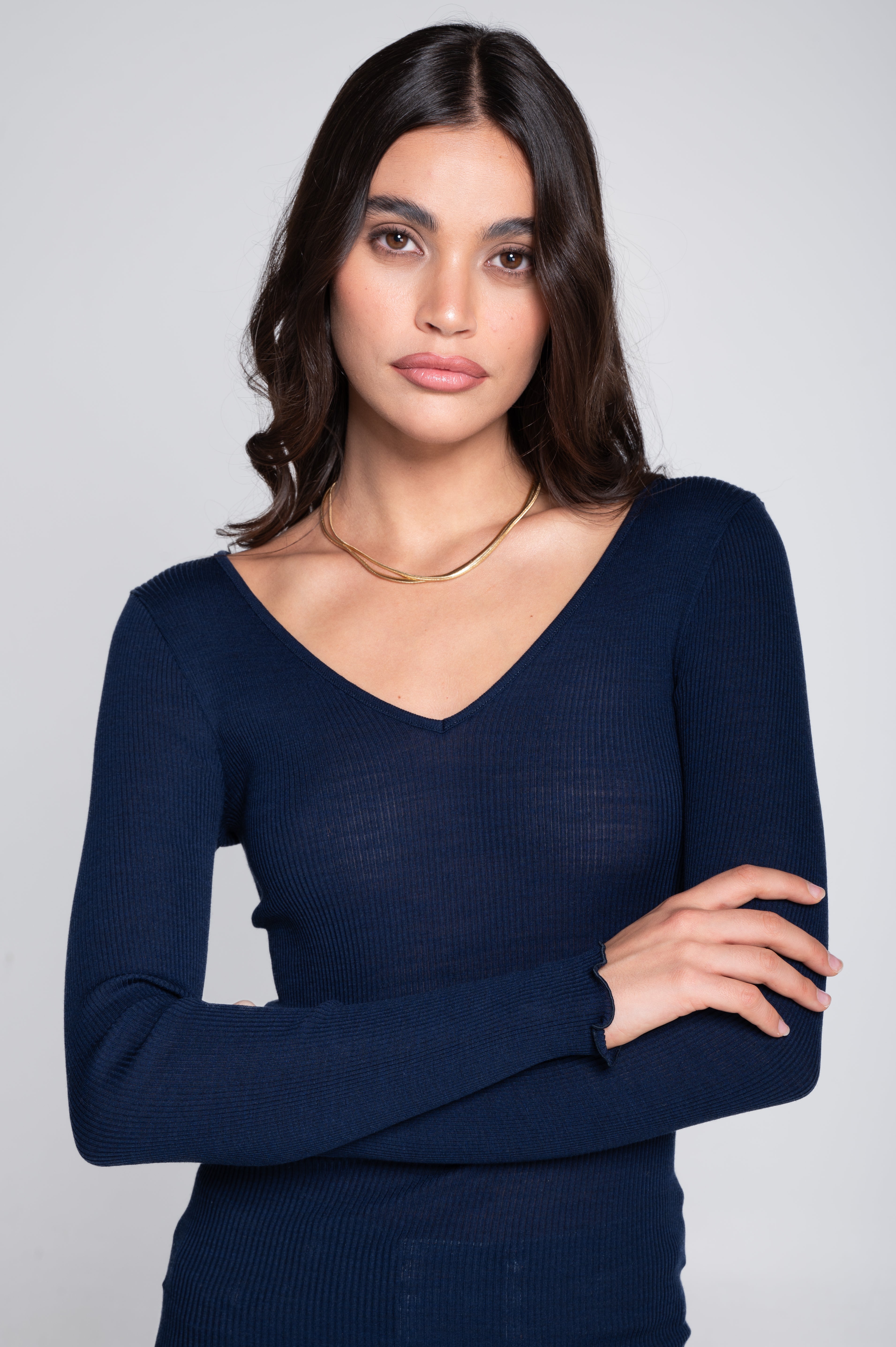 Wool and silk long sleeves V neck shirt 3486