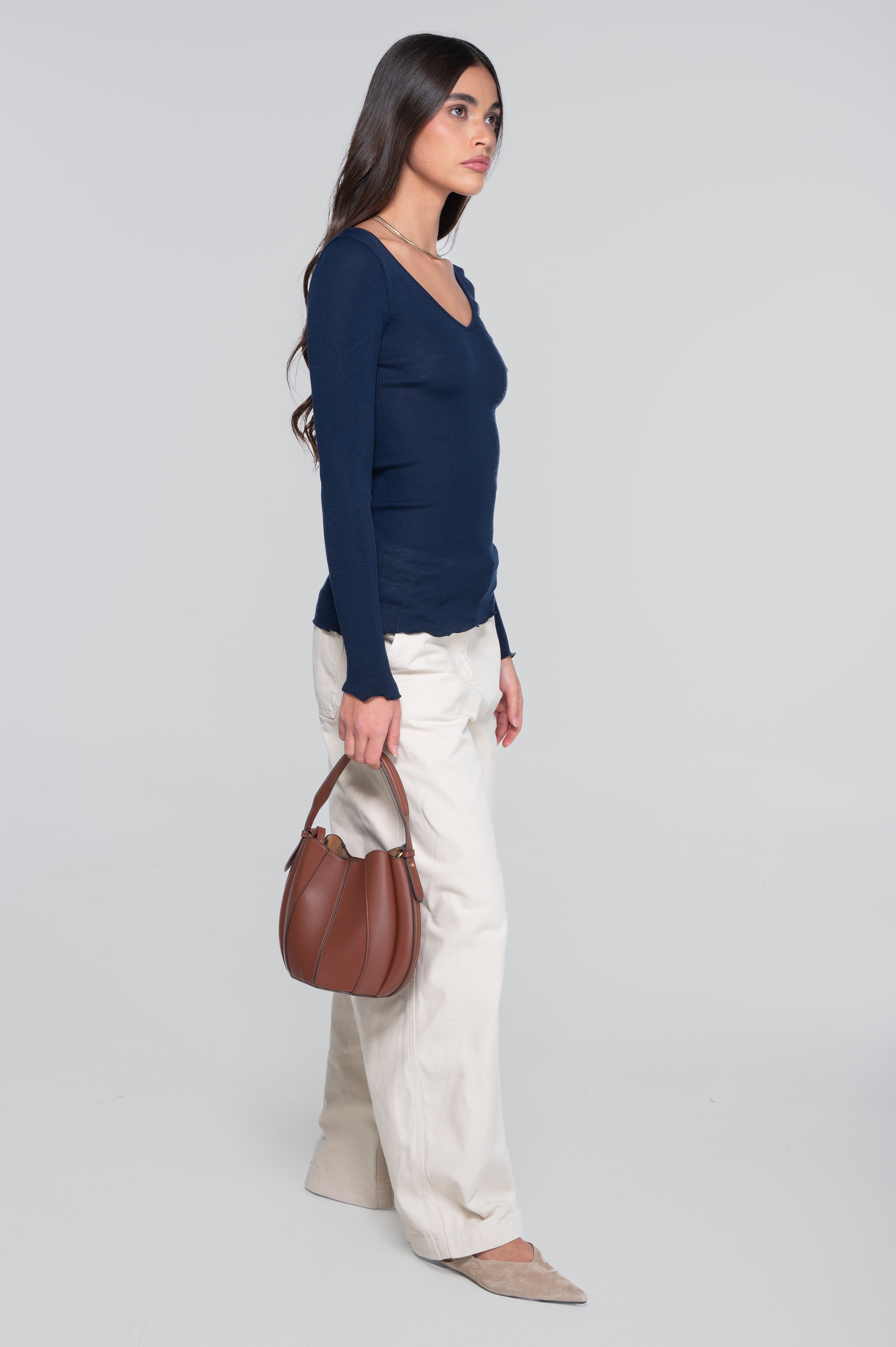 Wool and silk long sleeves V neck shirt 3486