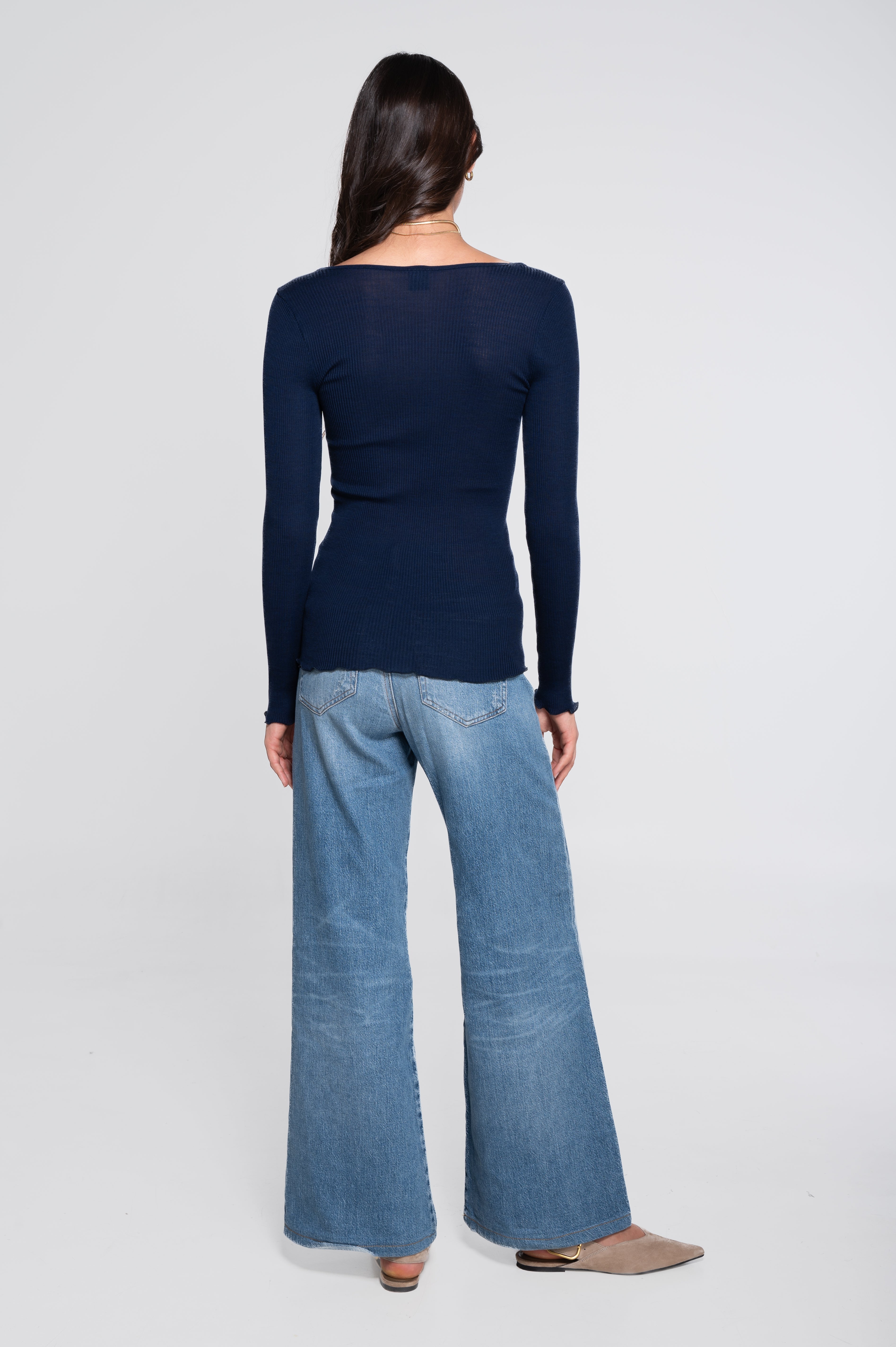 Wool and silk long sleeves V neck shirt 3486