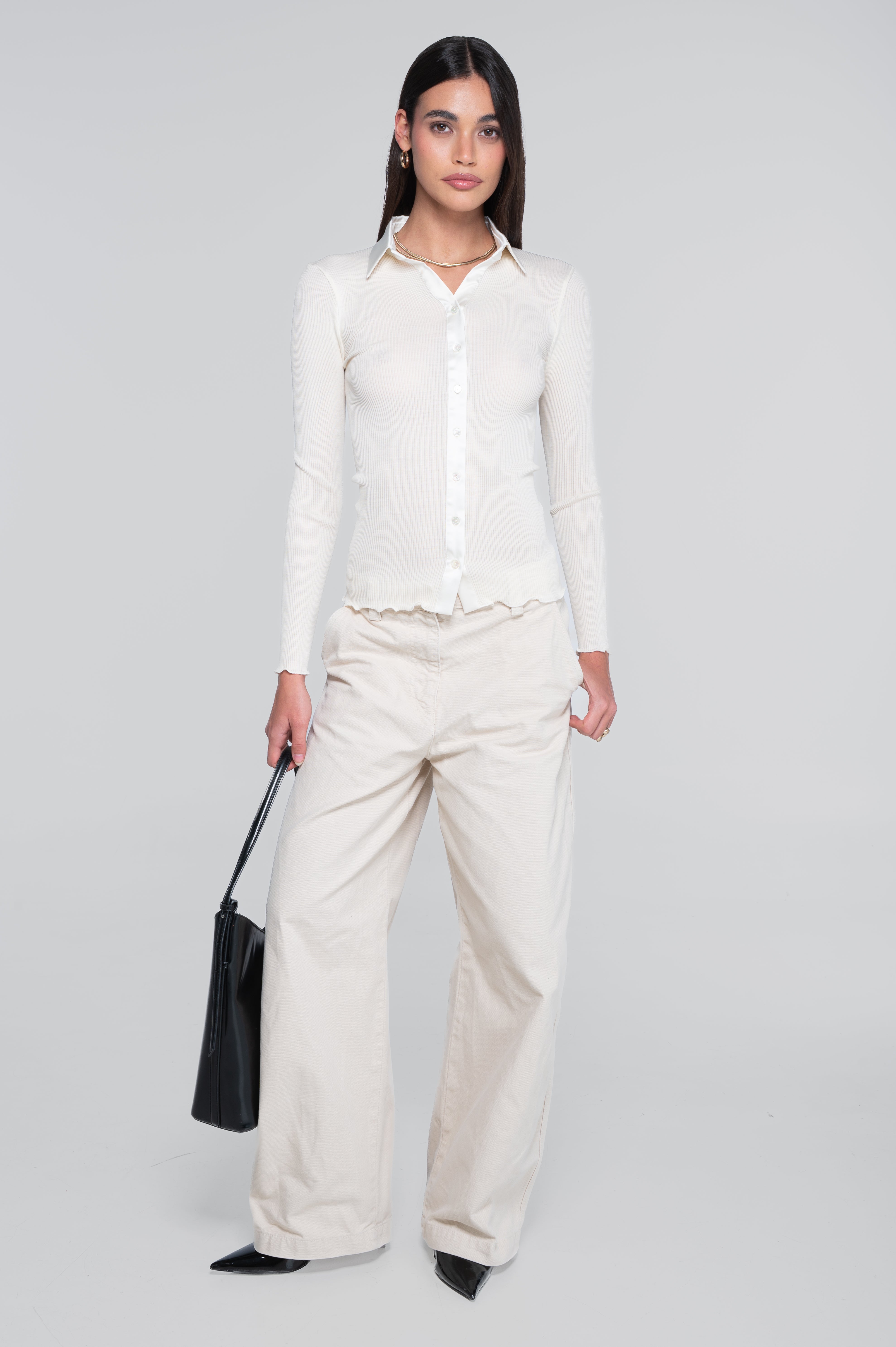 Wool and silk long sleeves shirt with satin opening 6350
