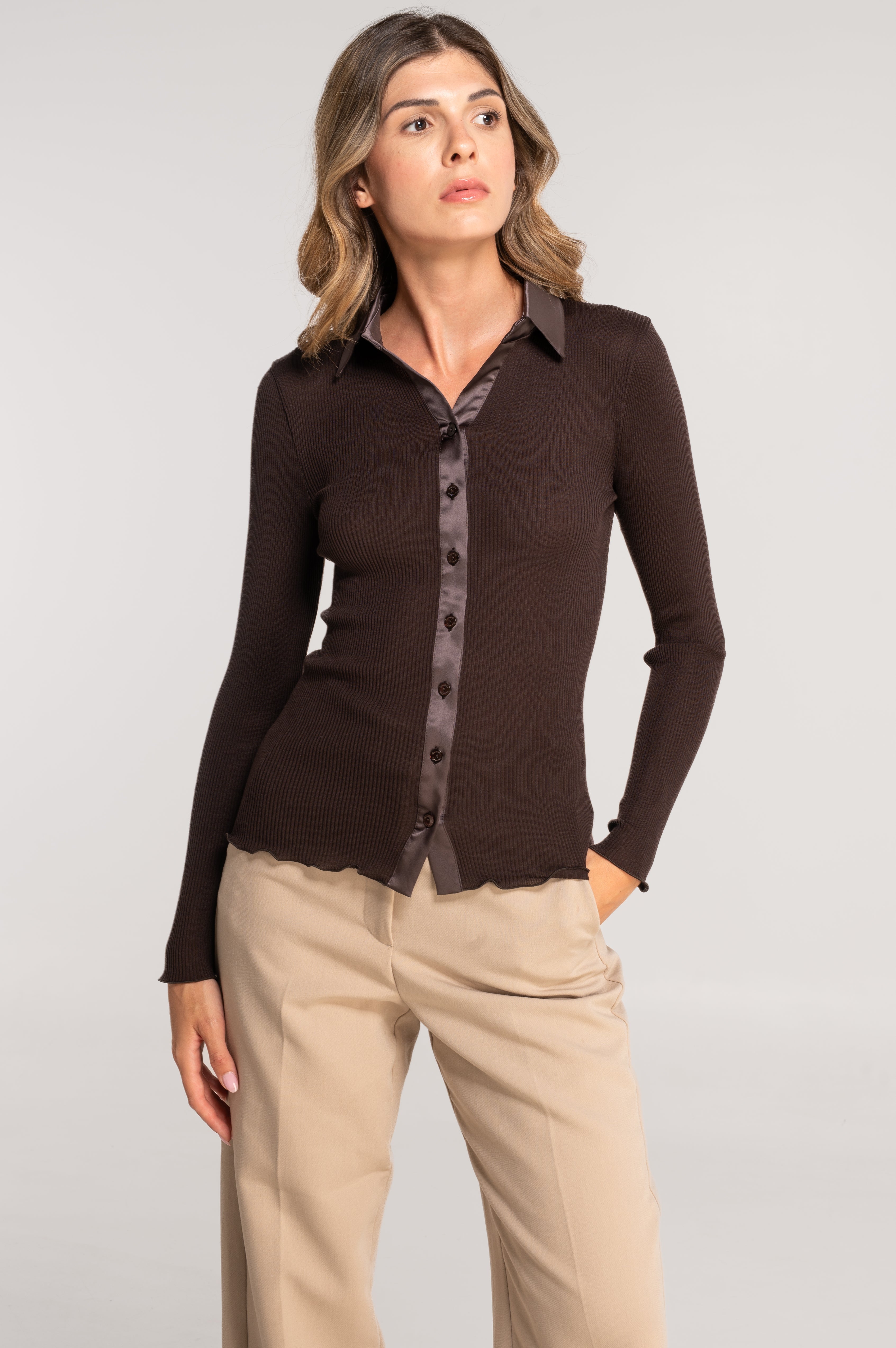 Wool and silk long sleeves shirt with satin opening 6350