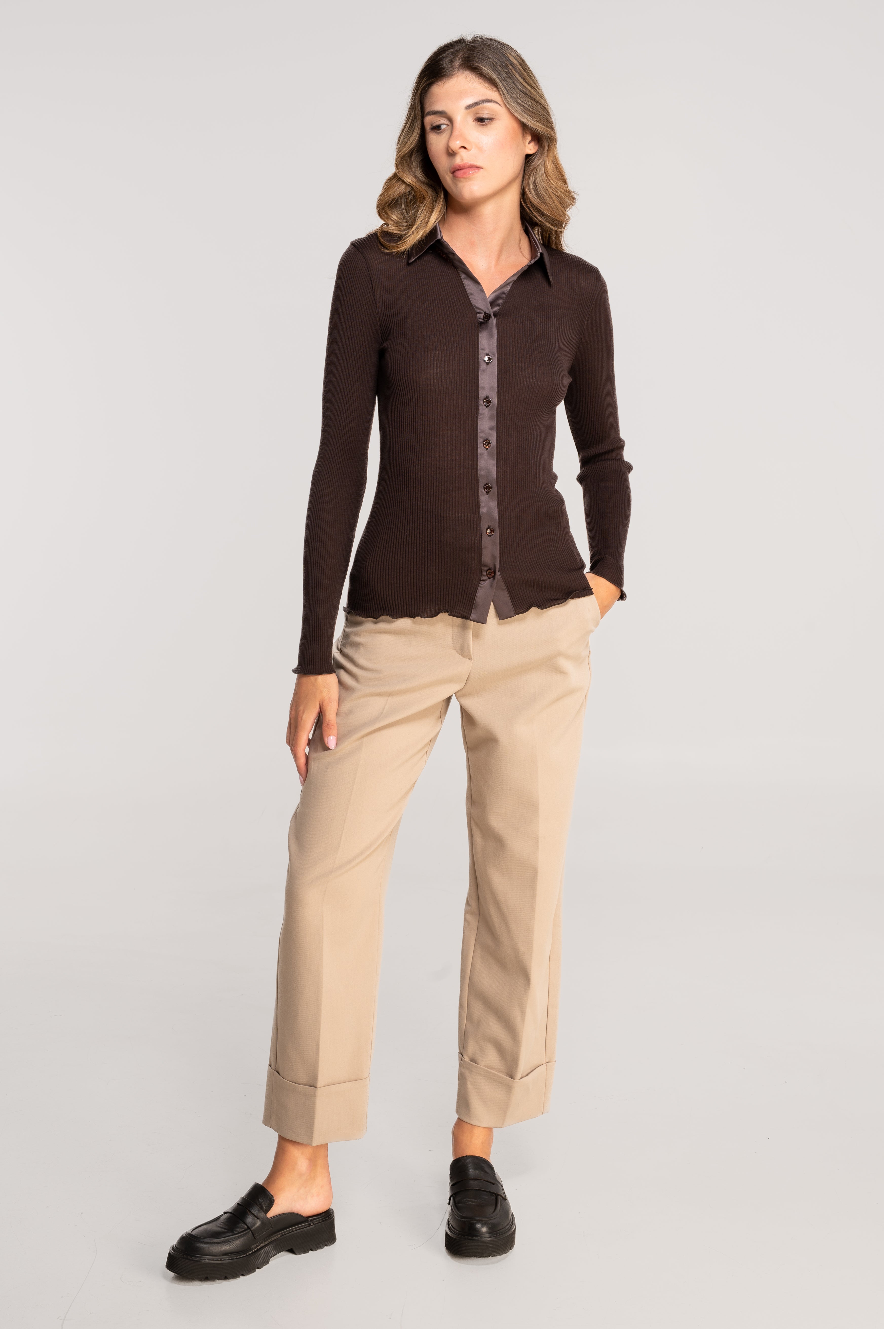 Wool and silk long sleeves shirt with satin opening 6350