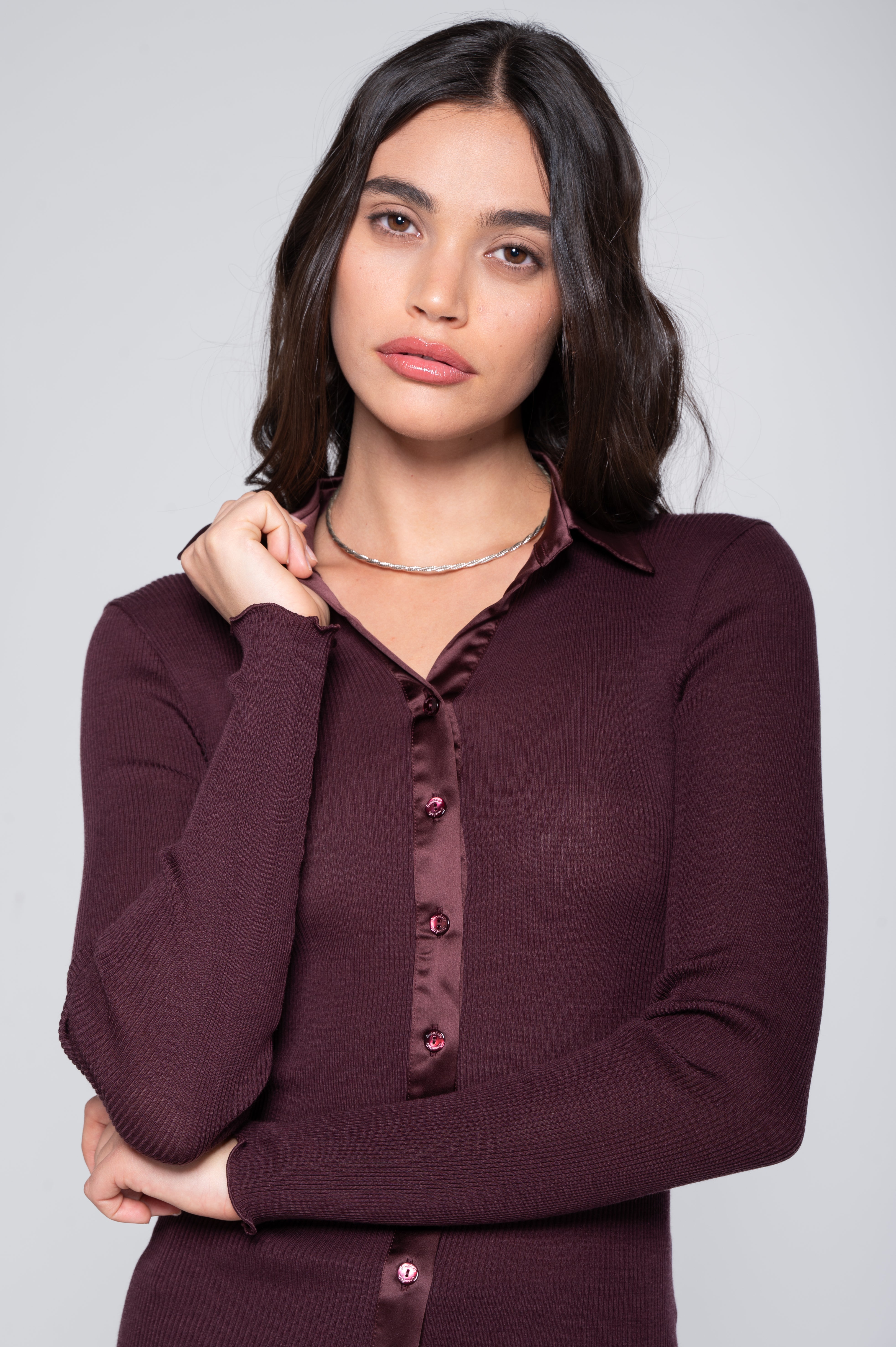 Wool and silk long sleeves shirt with satin opening 6350