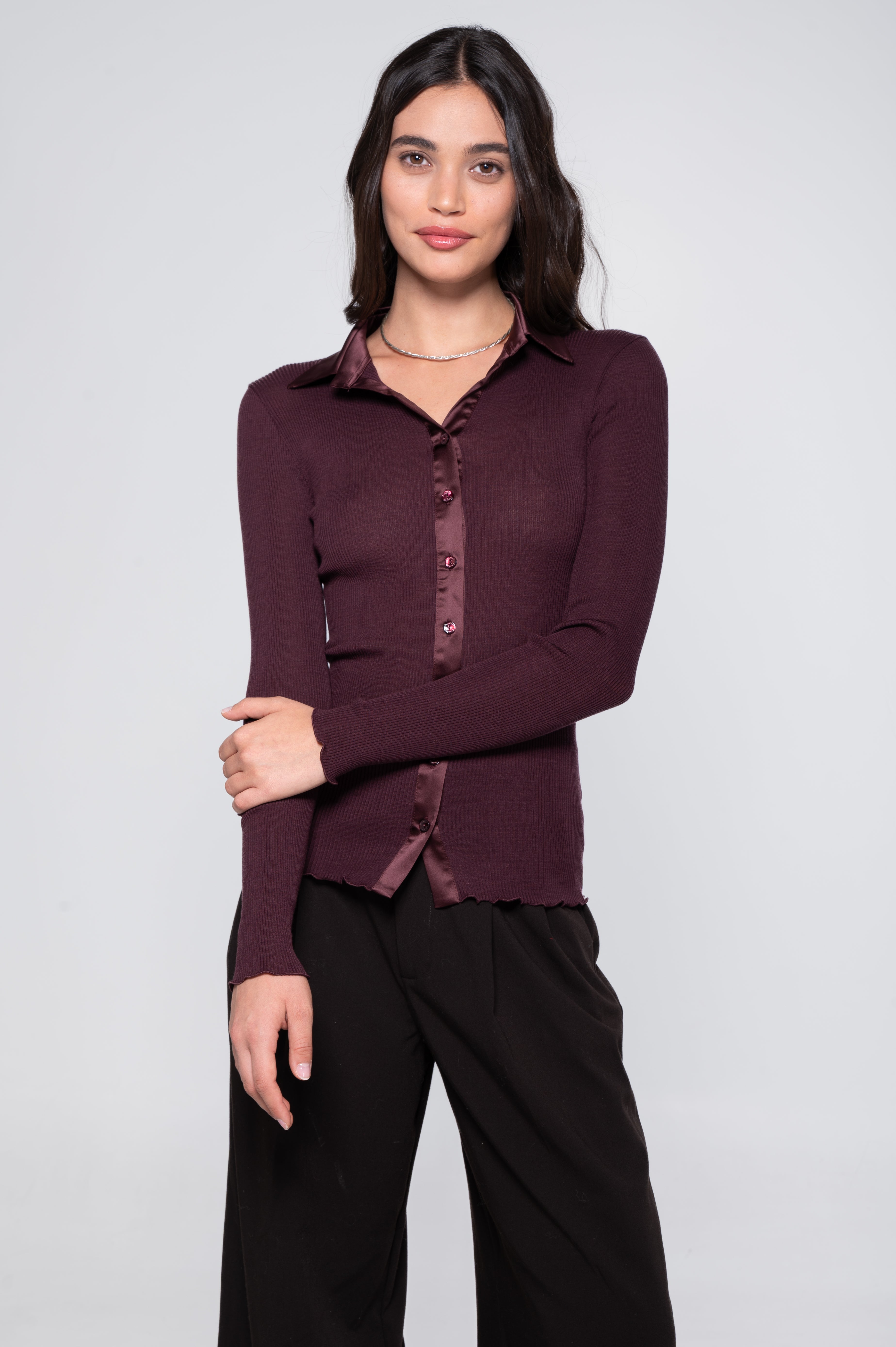 Wool and silk long sleeves shirt with satin opening 6350