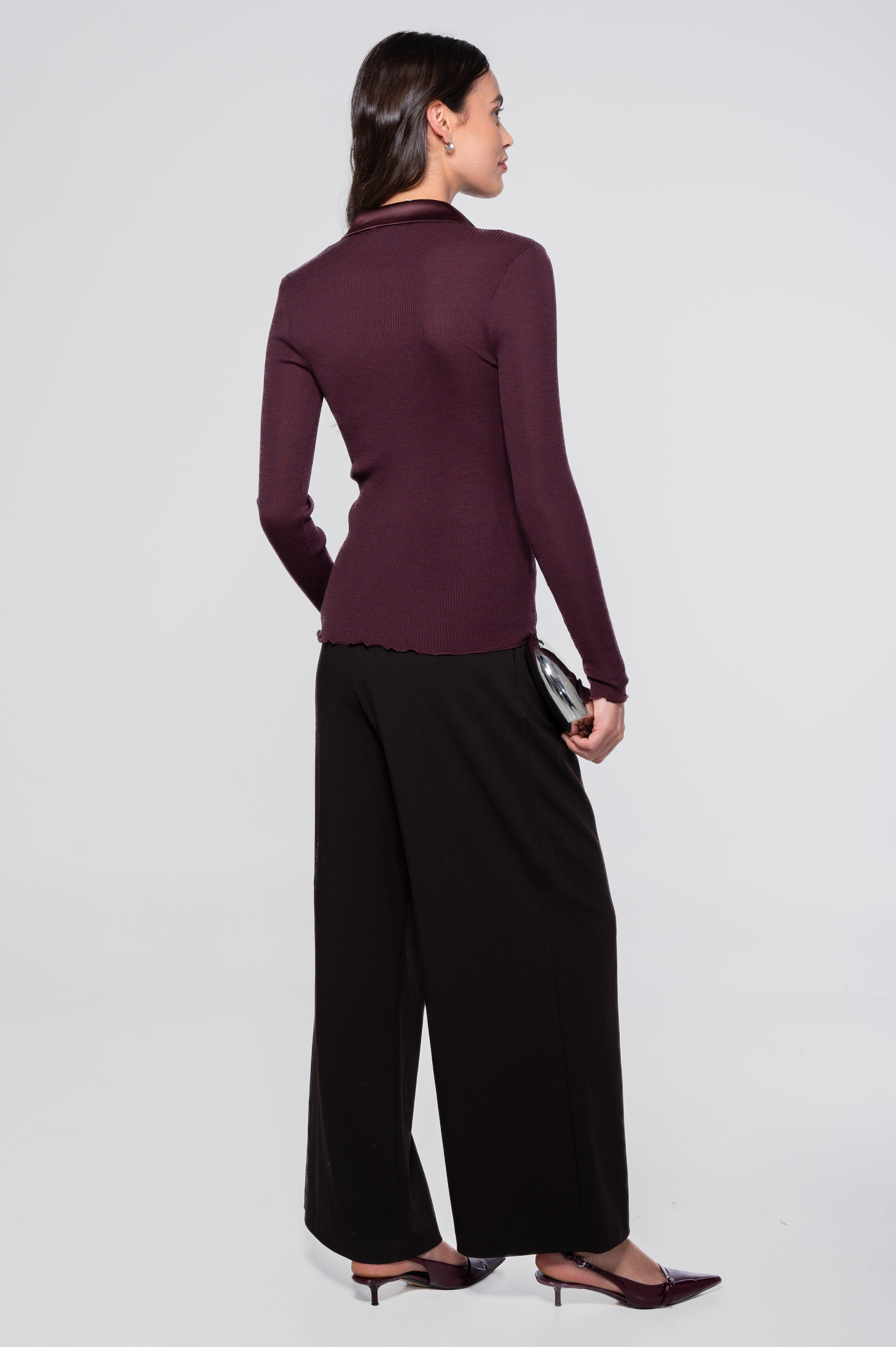 Wool and silk long sleeves shirt with satin opening 6350