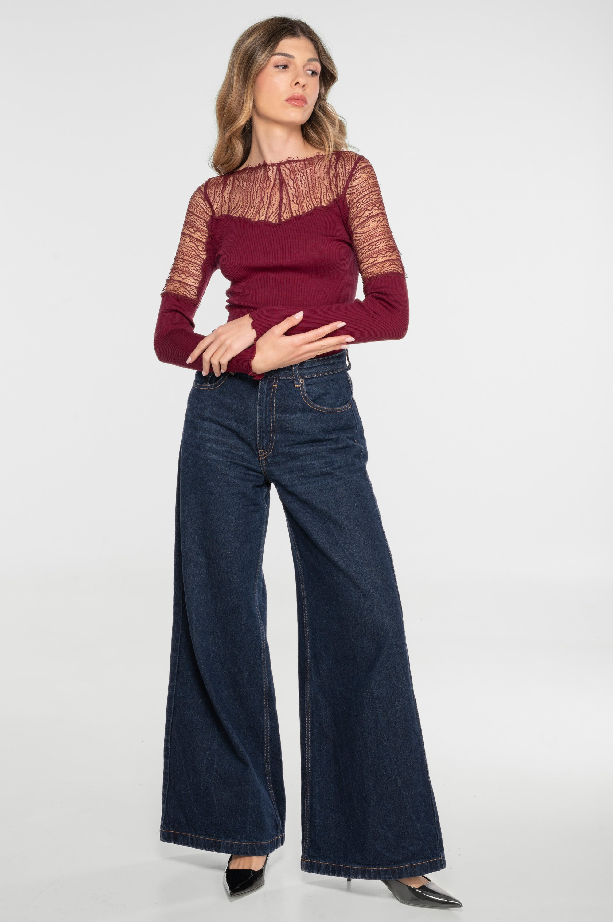 Wool and silk long sleeves shirt with chantilly lace 7415