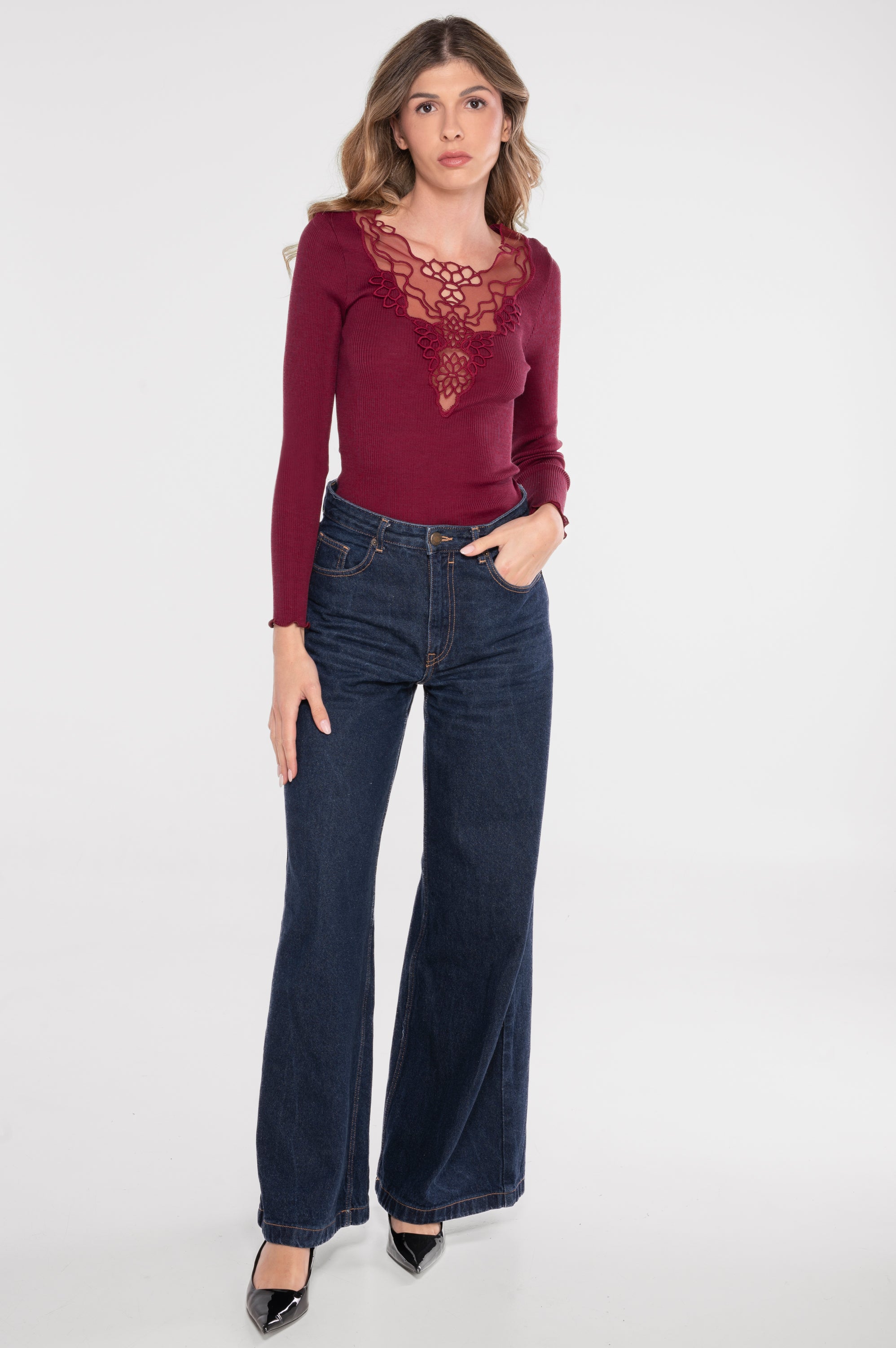 Wool and silk long sleeves shirt with floral motif 7429