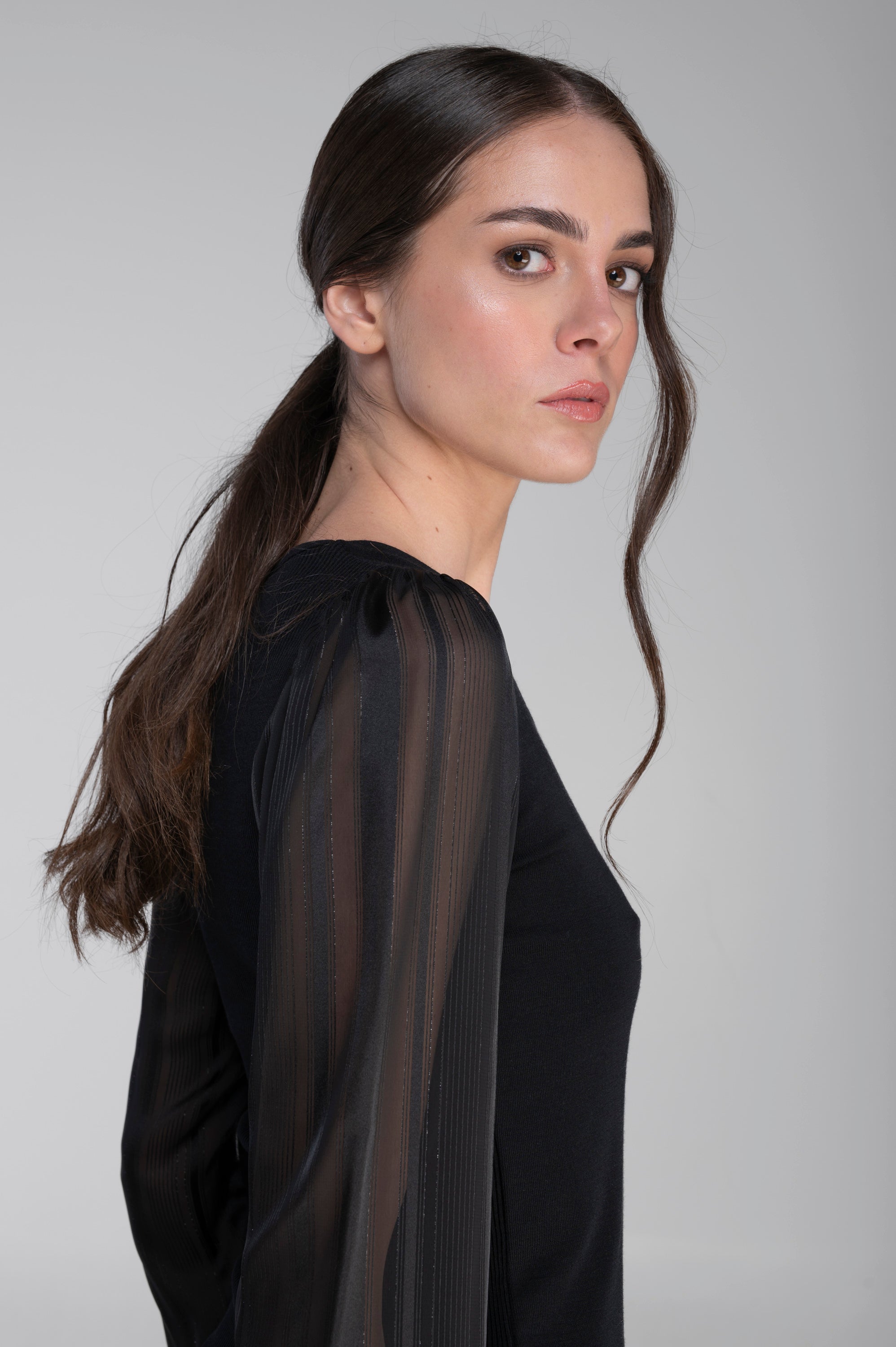 Wool and silk long sleeves shirt with chiffon 7447