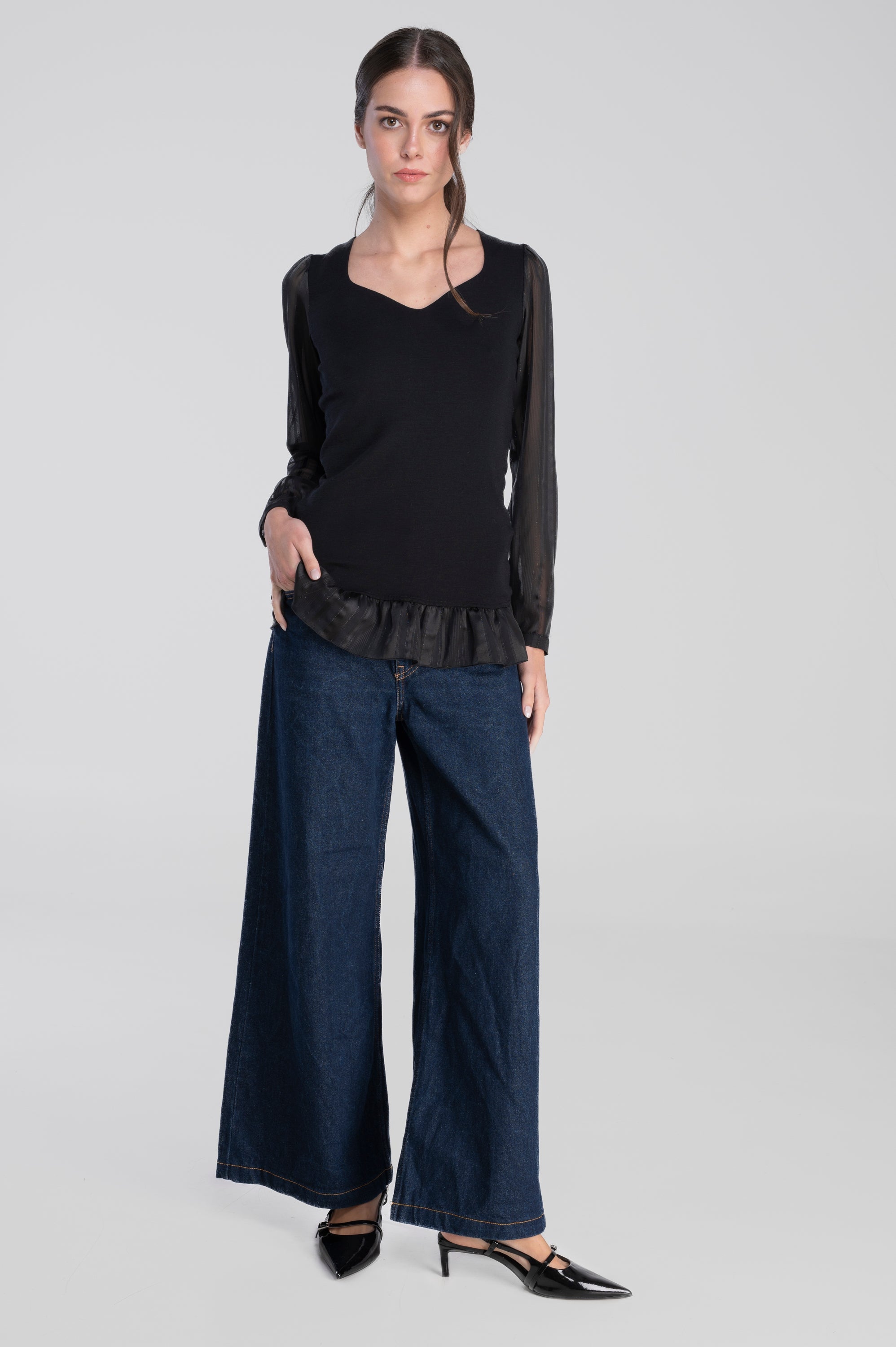 Wool and silk long sleeves shirt with chiffon 7447