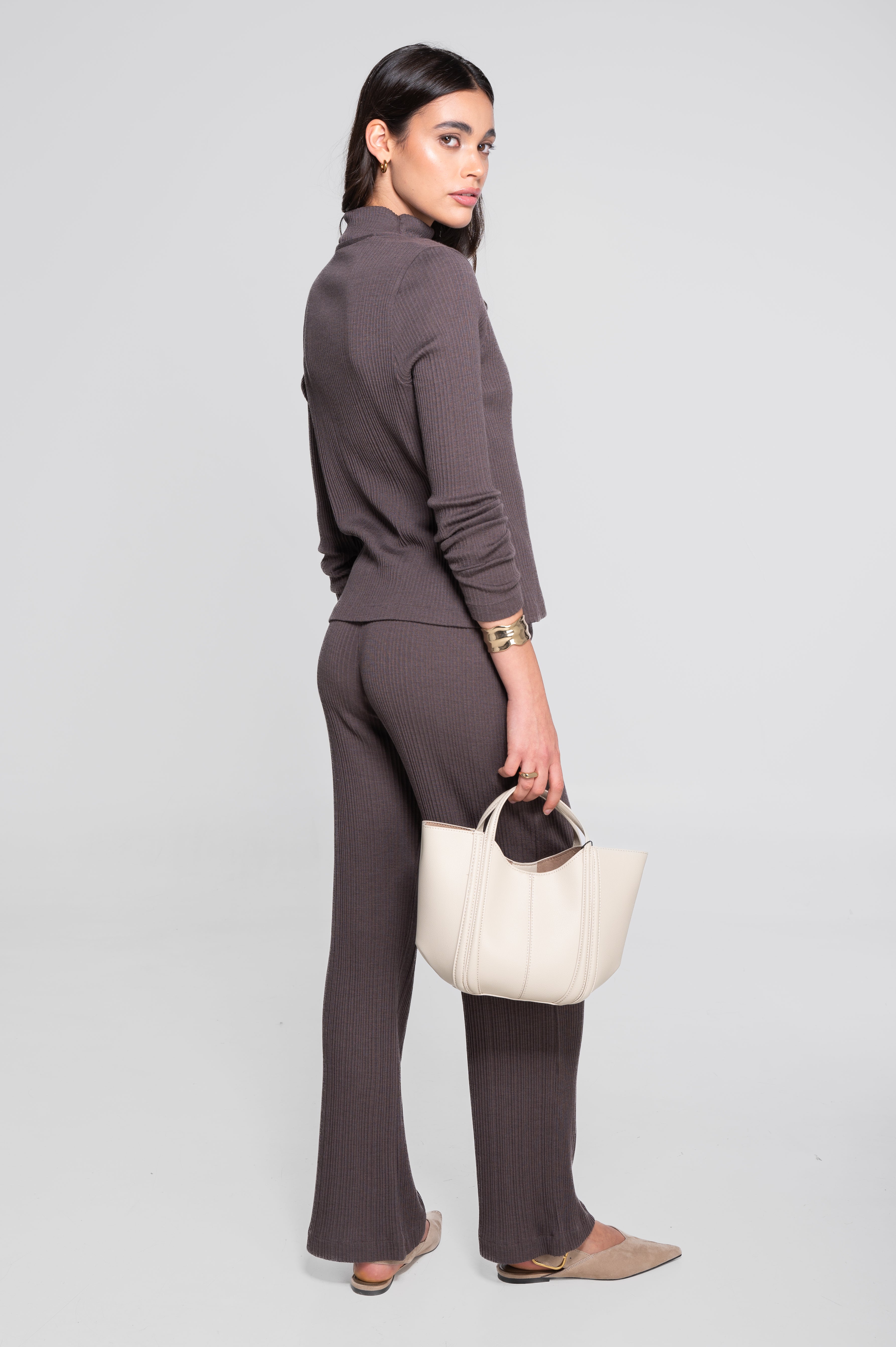 Wool and silk long sleeves cardigan with irregular rib 7464