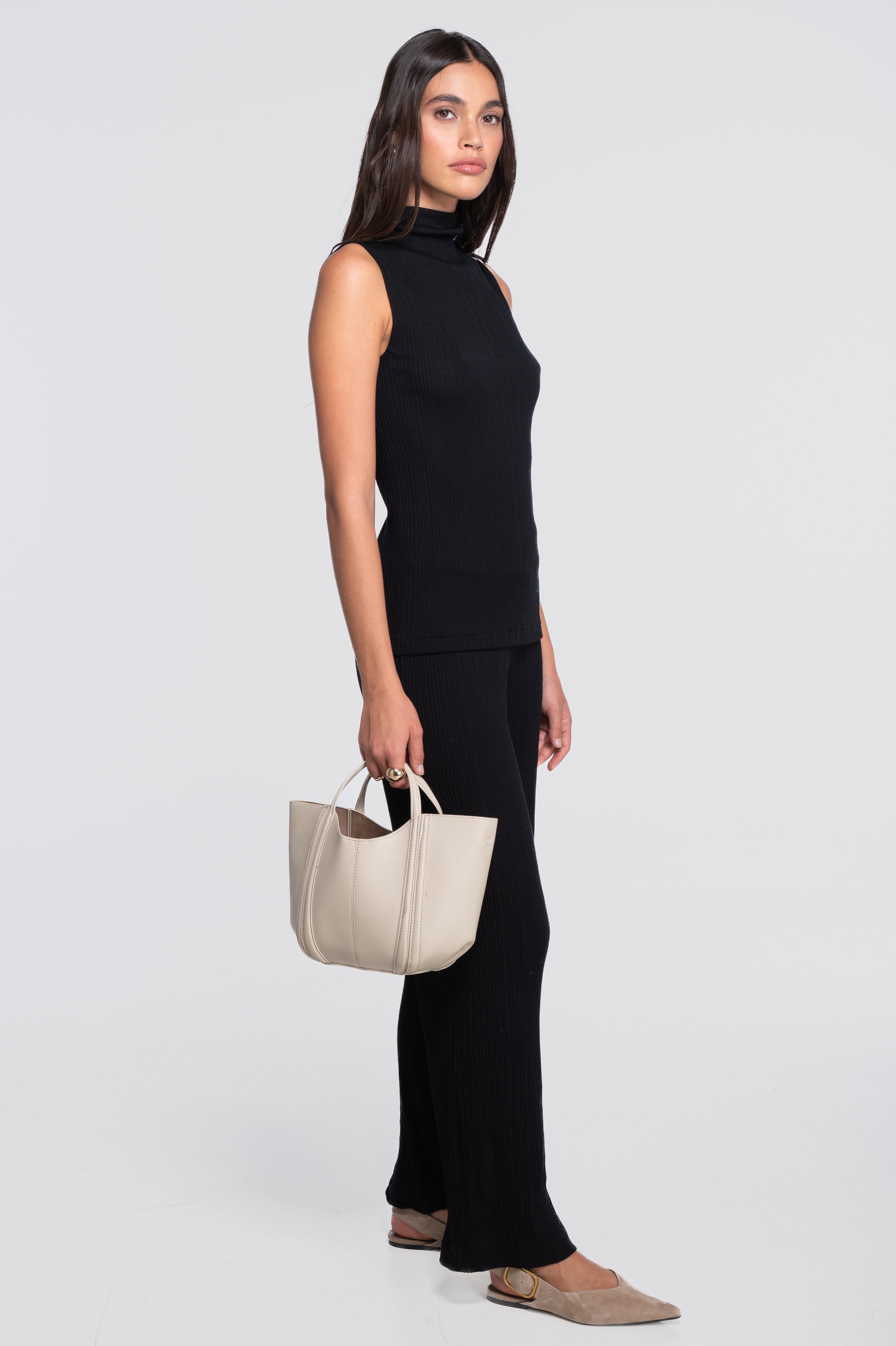 Wool and silk sleeveless mock neck top 7465