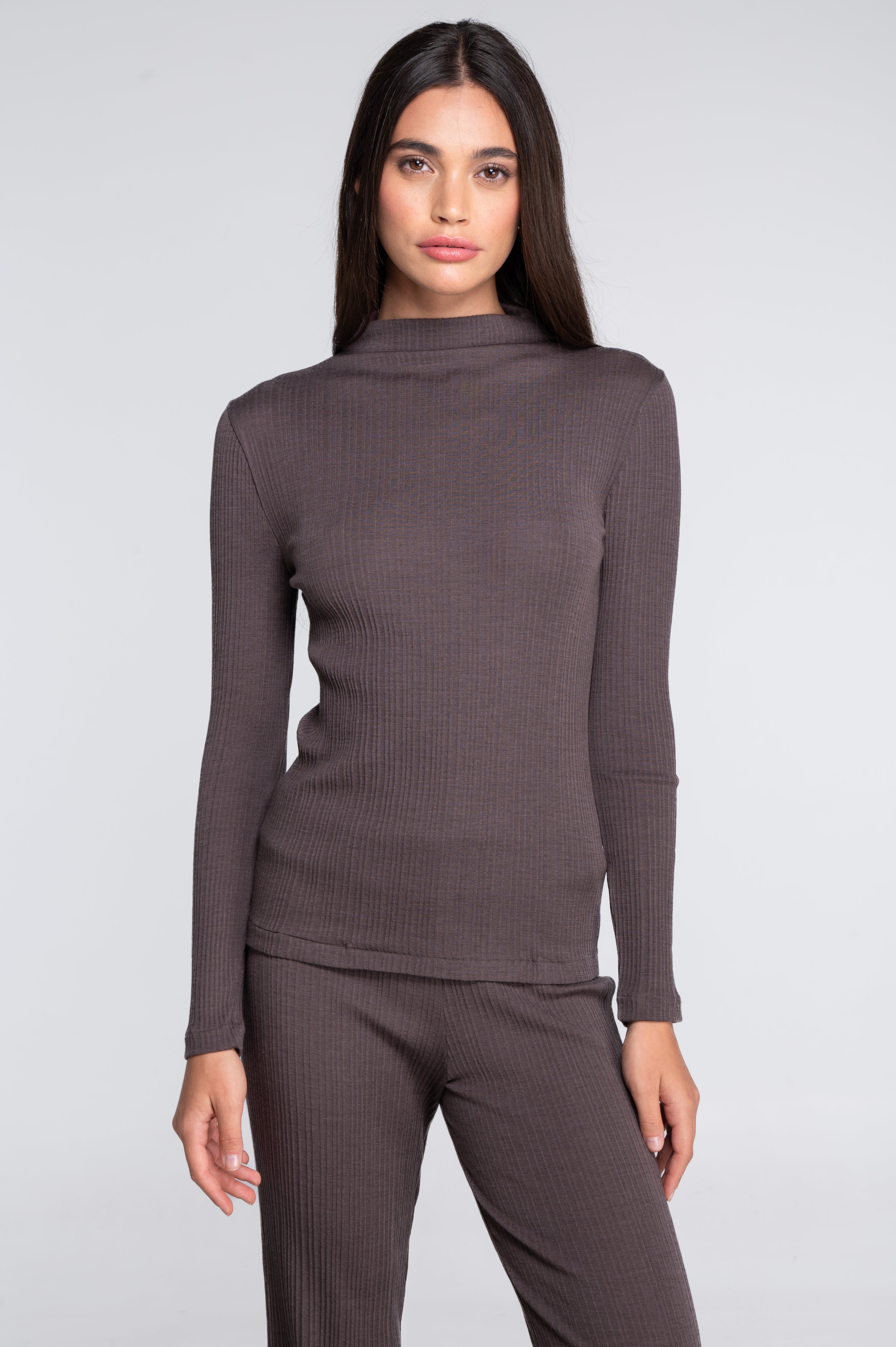 Wool and silk long sleeves mock neck shirt 7466