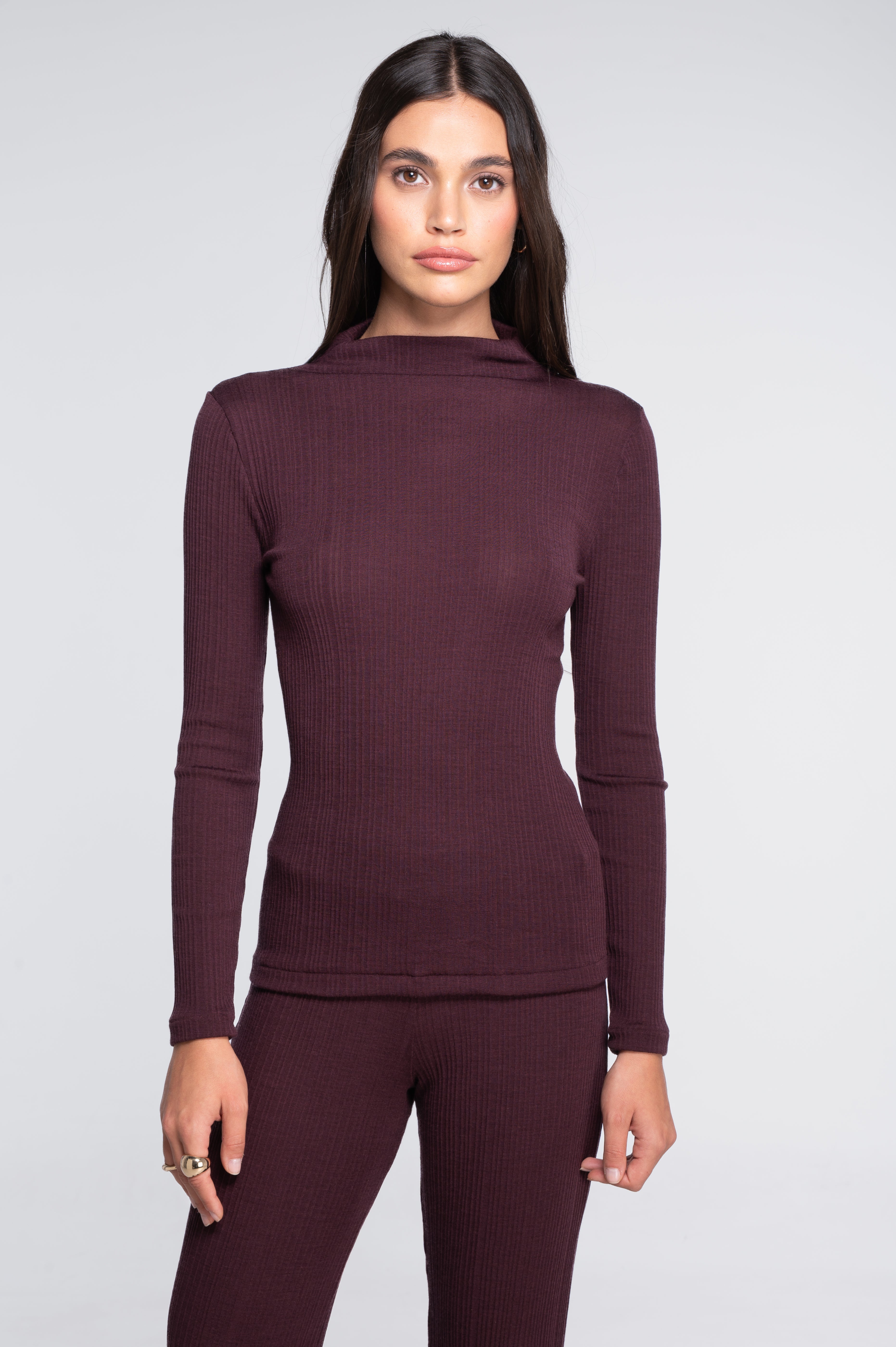Wool and silk long sleeves mock neck shirt 7466