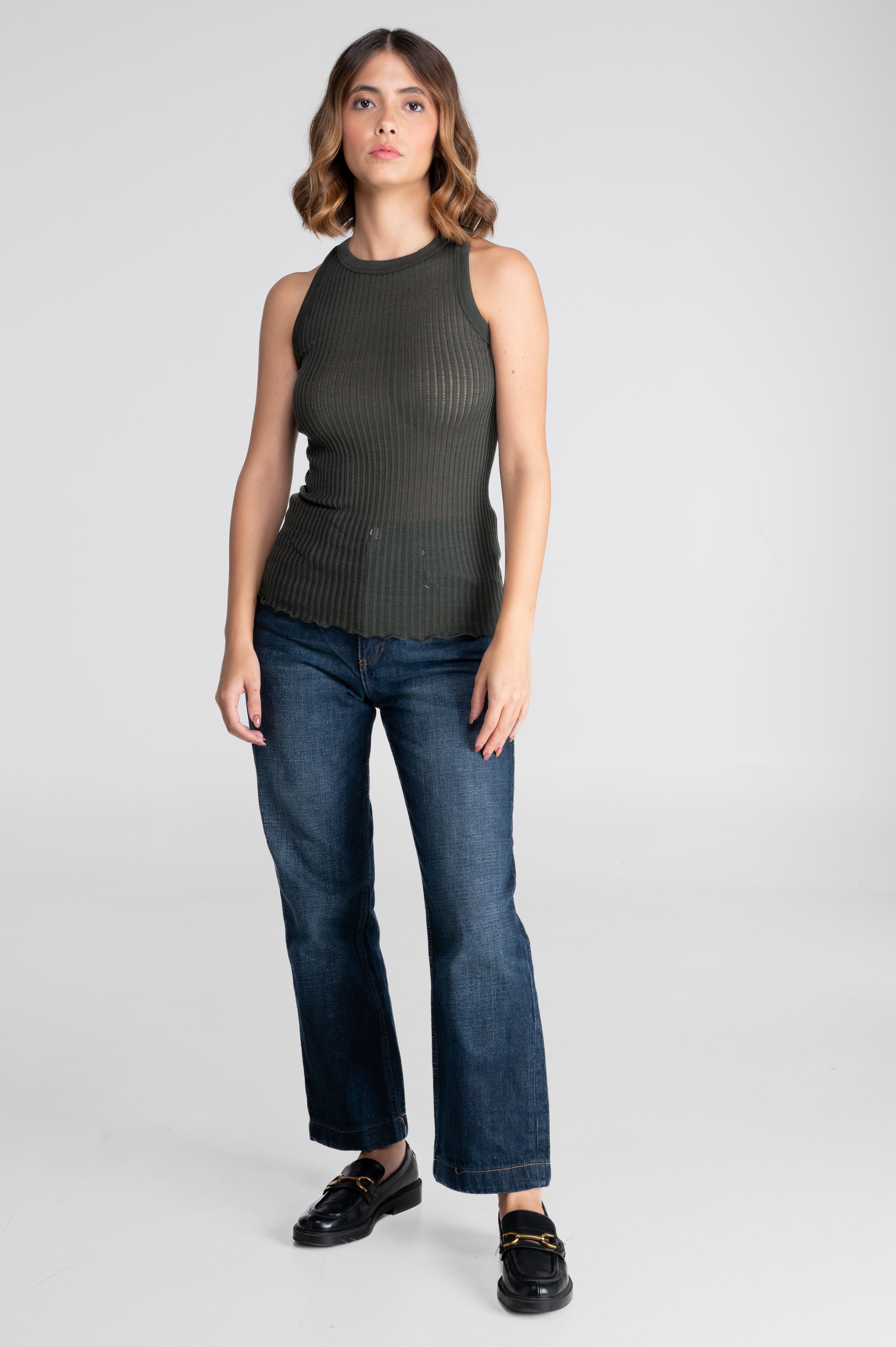 Sleeveless halterneck top in ajouré wool and silk 7490