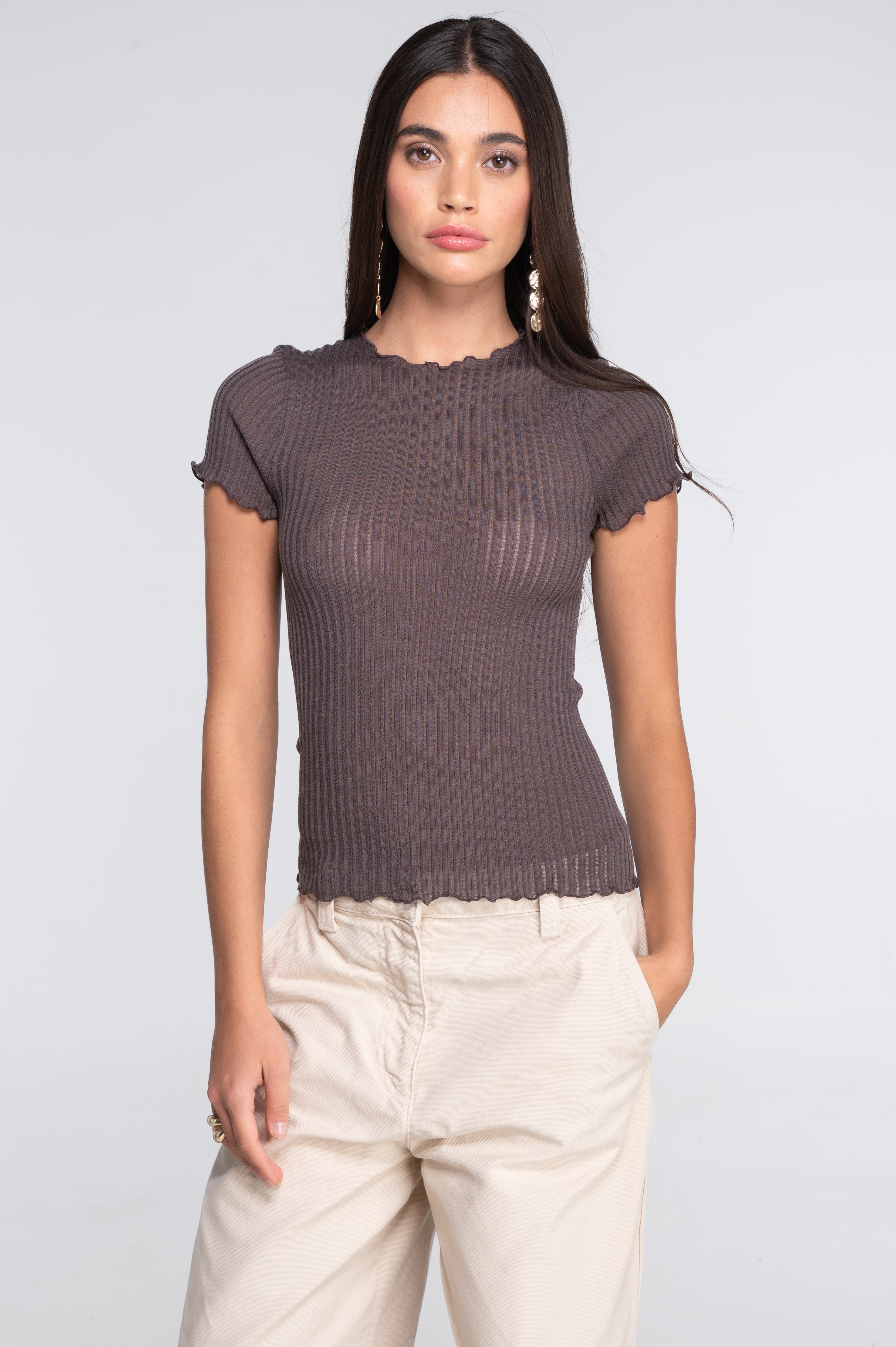 Short sleeves roundneck top in ajouré wool and silk 7493