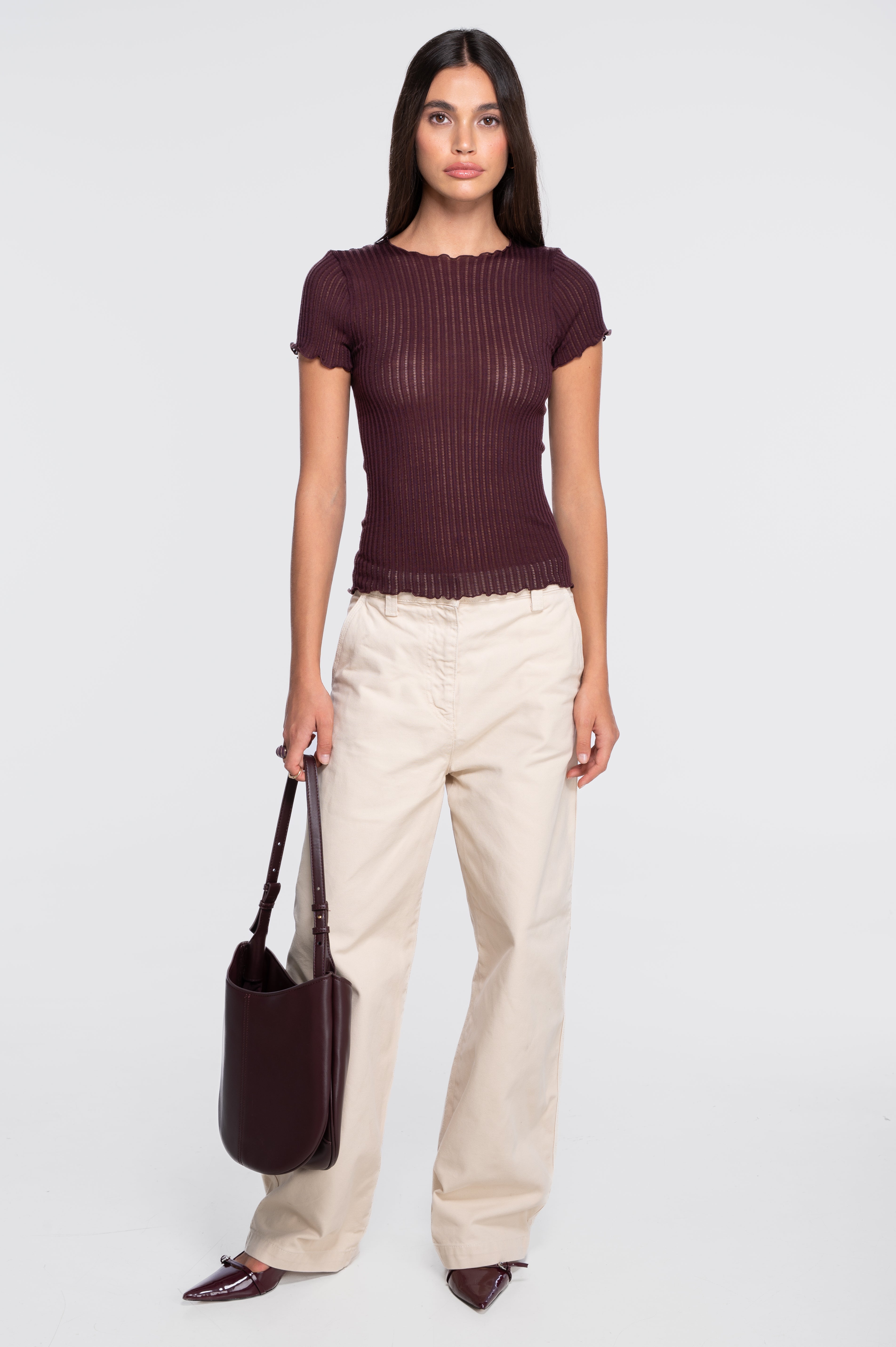 Short sleeves roundneck top in ajouré wool and silk 7493