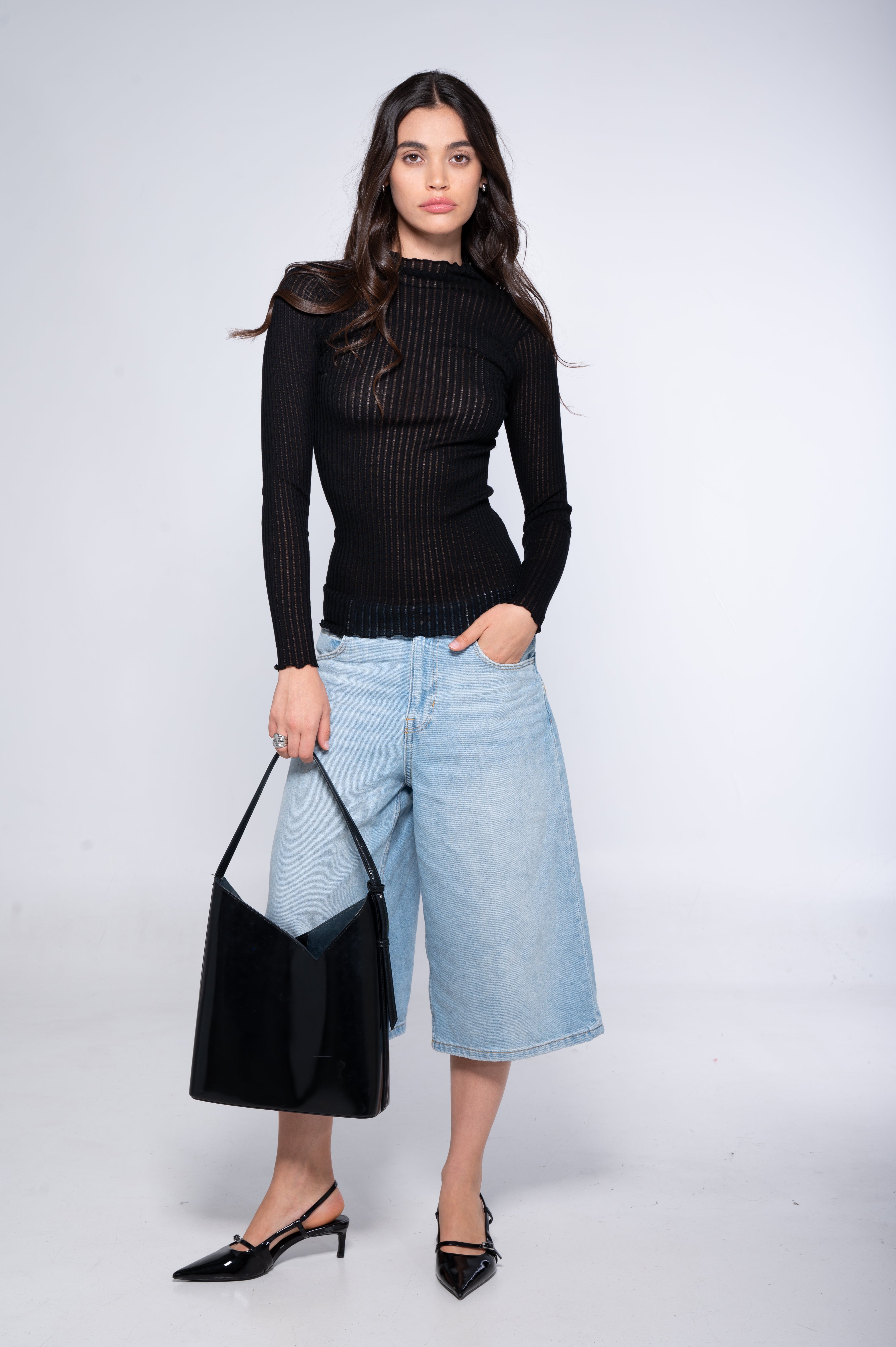 Long sleeves mock neck shirt in ajouré wool and silk 7494