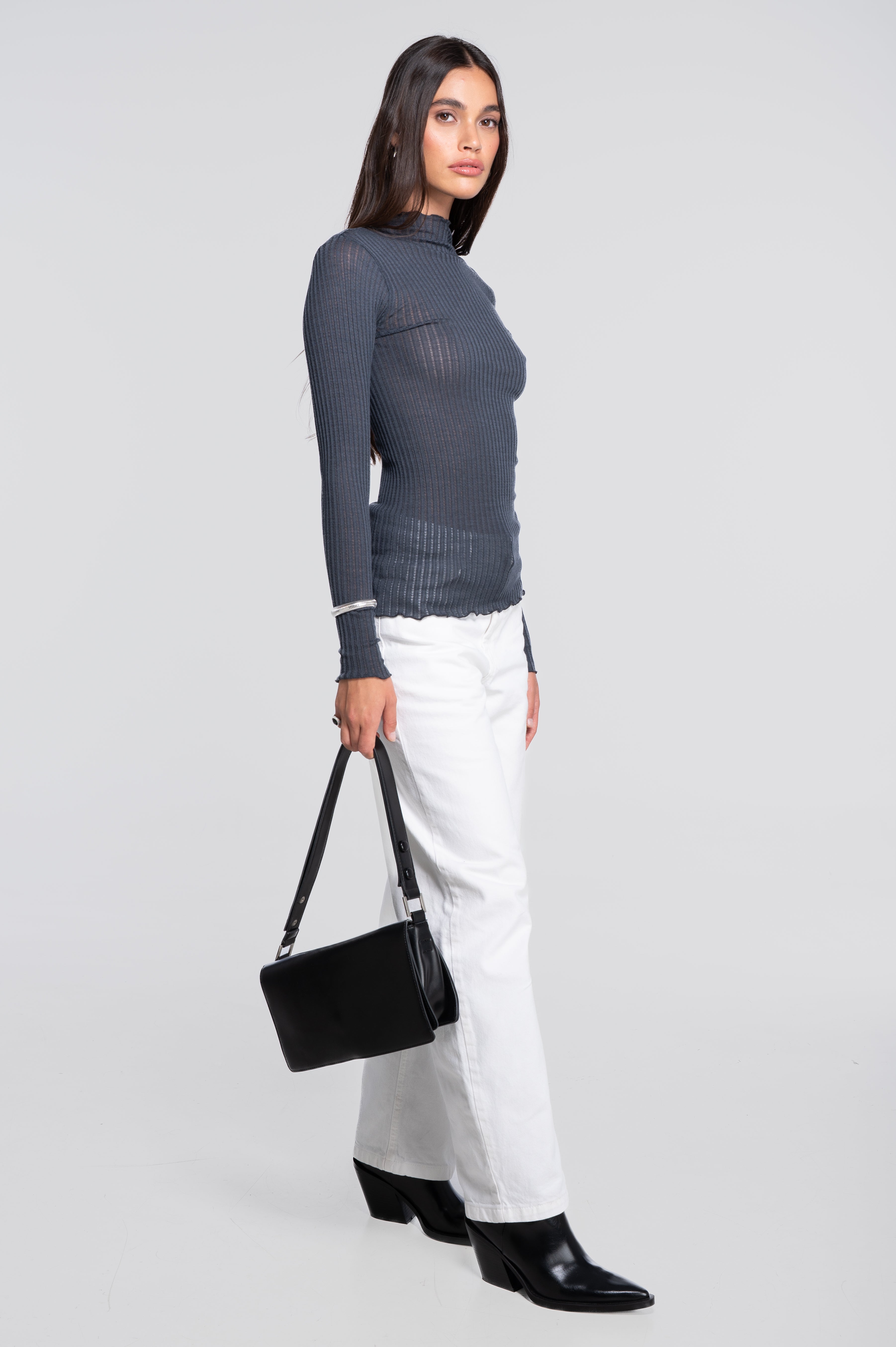 Long sleeves mock neck shirt in ajouré wool and silk 7494