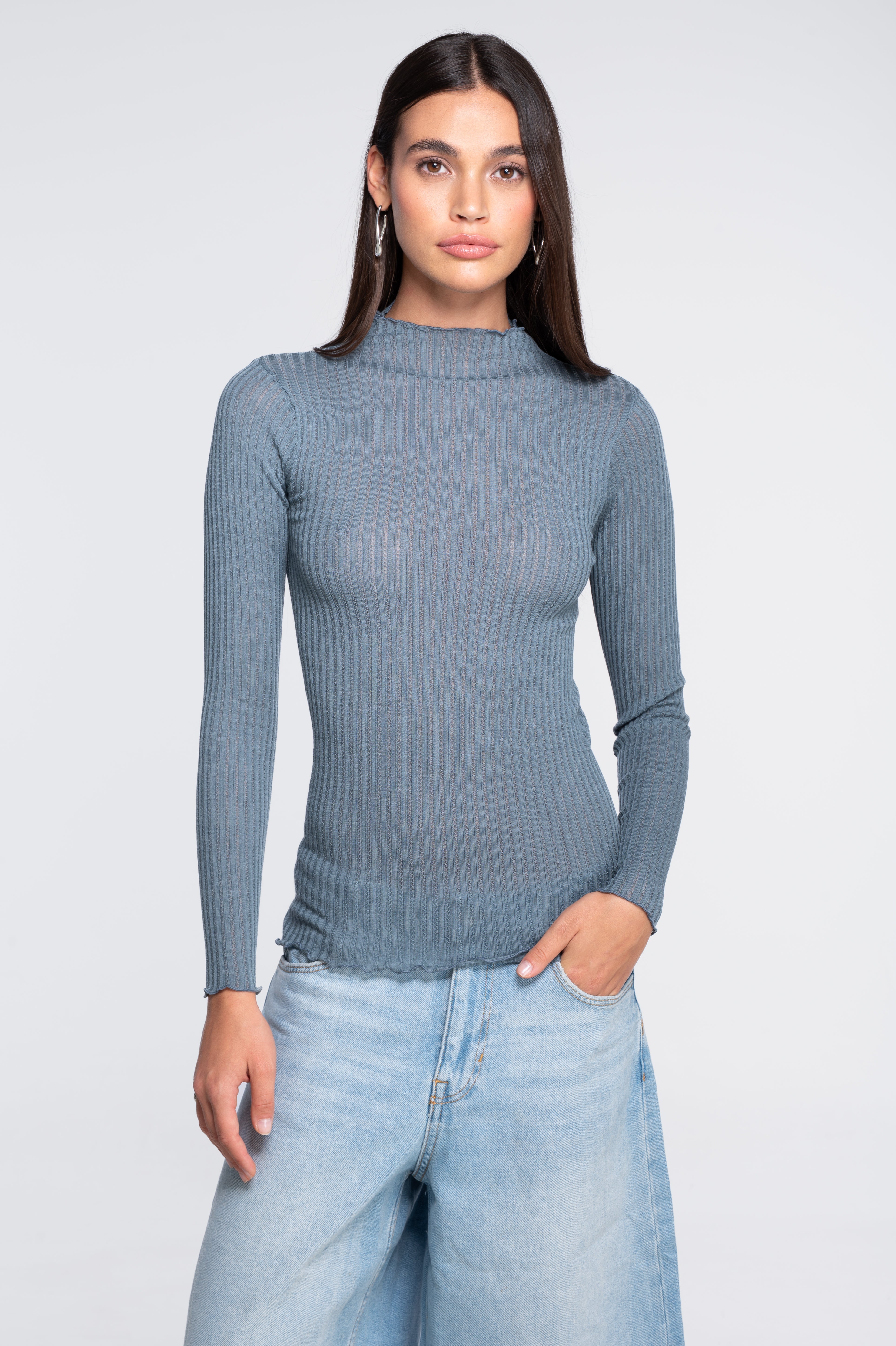 Long sleeves mock neck shirt in ajouré wool and silk 7494