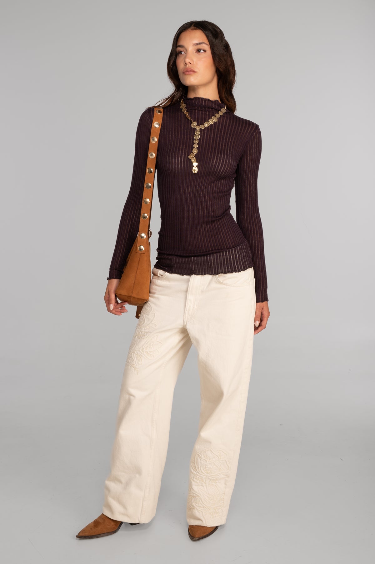 Long sleeves mock neck shirt in ajouré wool and silk 7494
