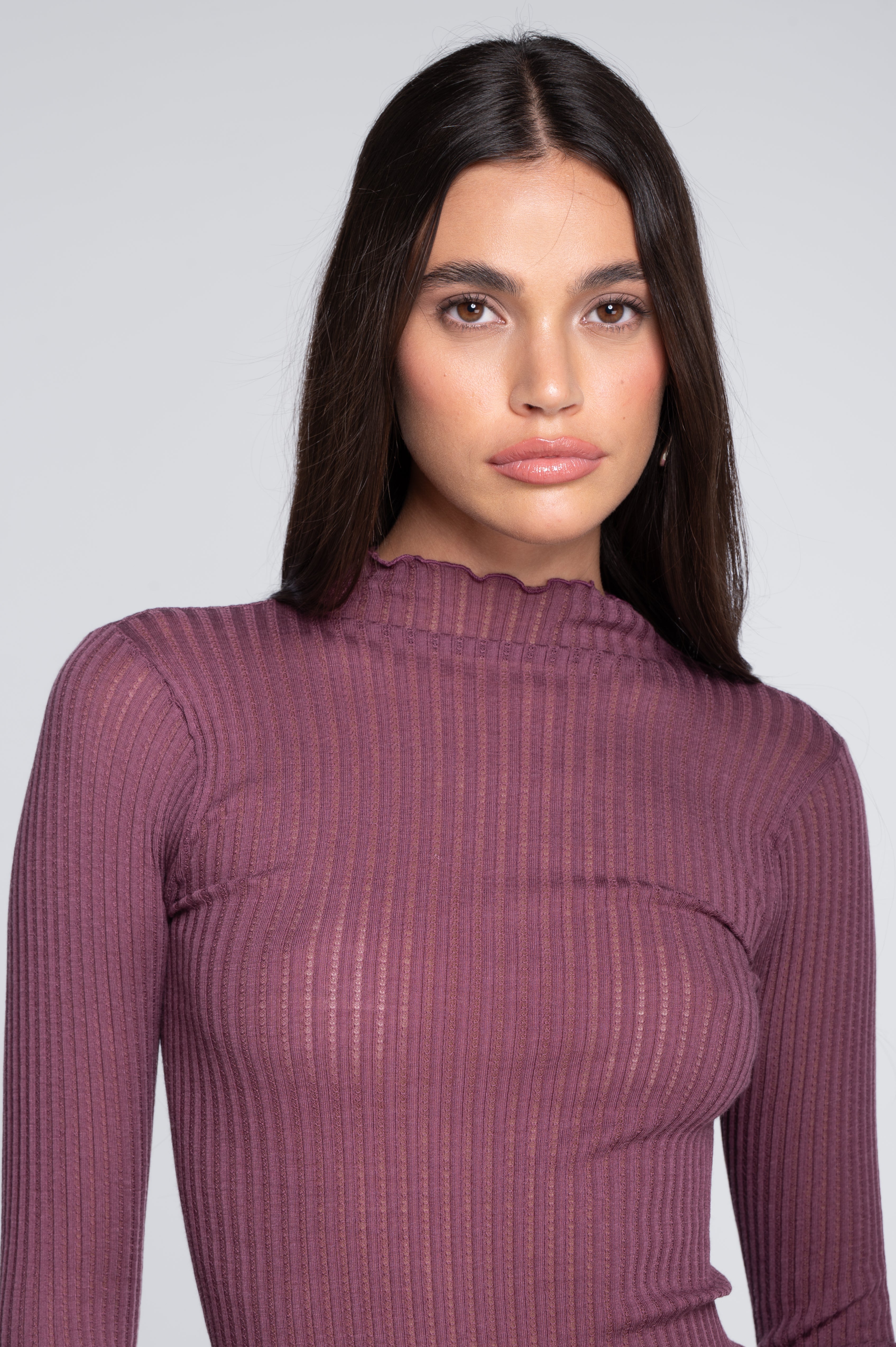 Long sleeves mock neck shirt in ajouré wool and silk 7494