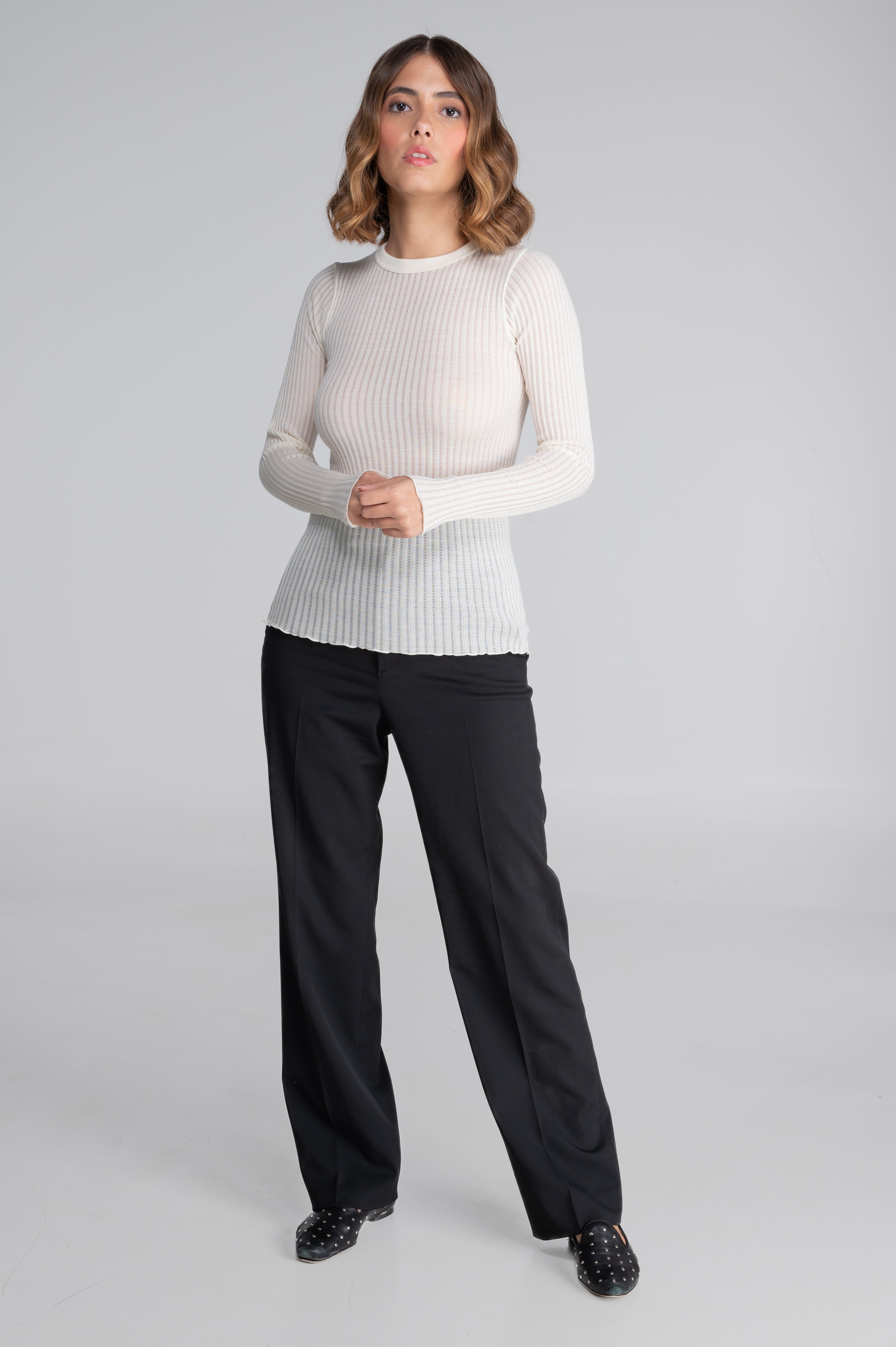 Long sleeves round neck shirt in ajouré wool and silk 7496