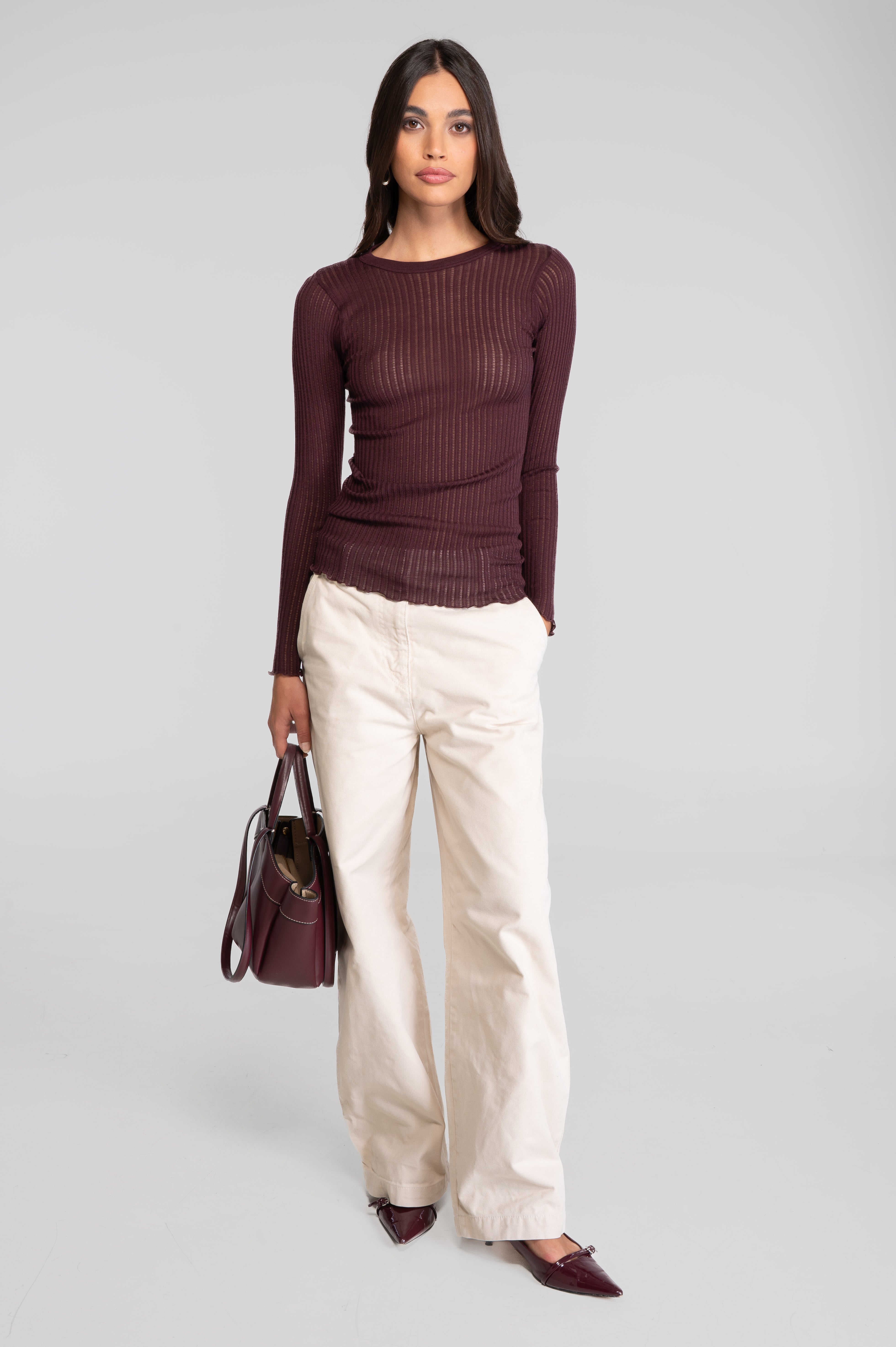 Long sleeves round neck shirt in ajouré wool and silk 7496