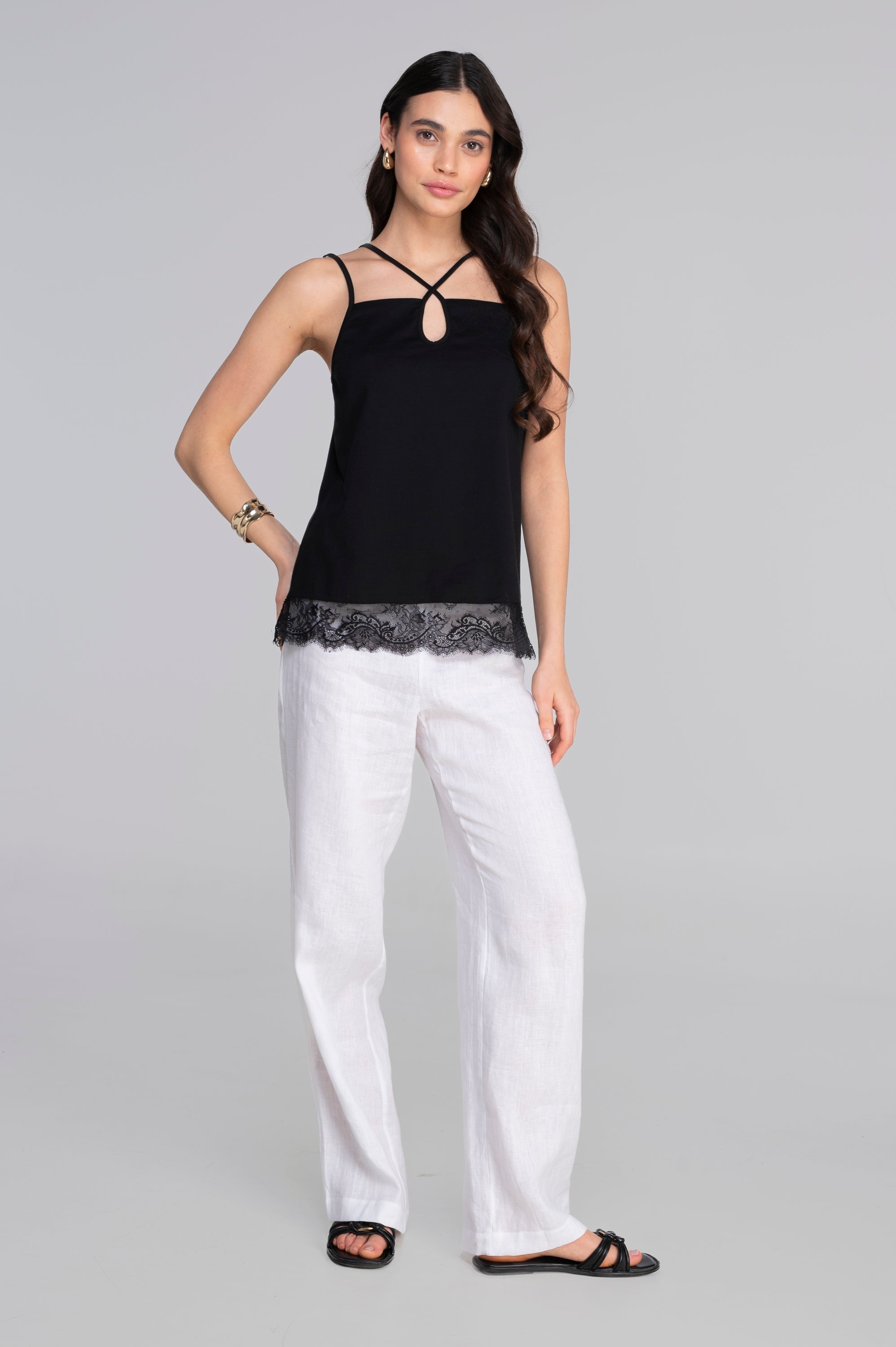 Camisole top in jersey cotton with chantilly lace 7523