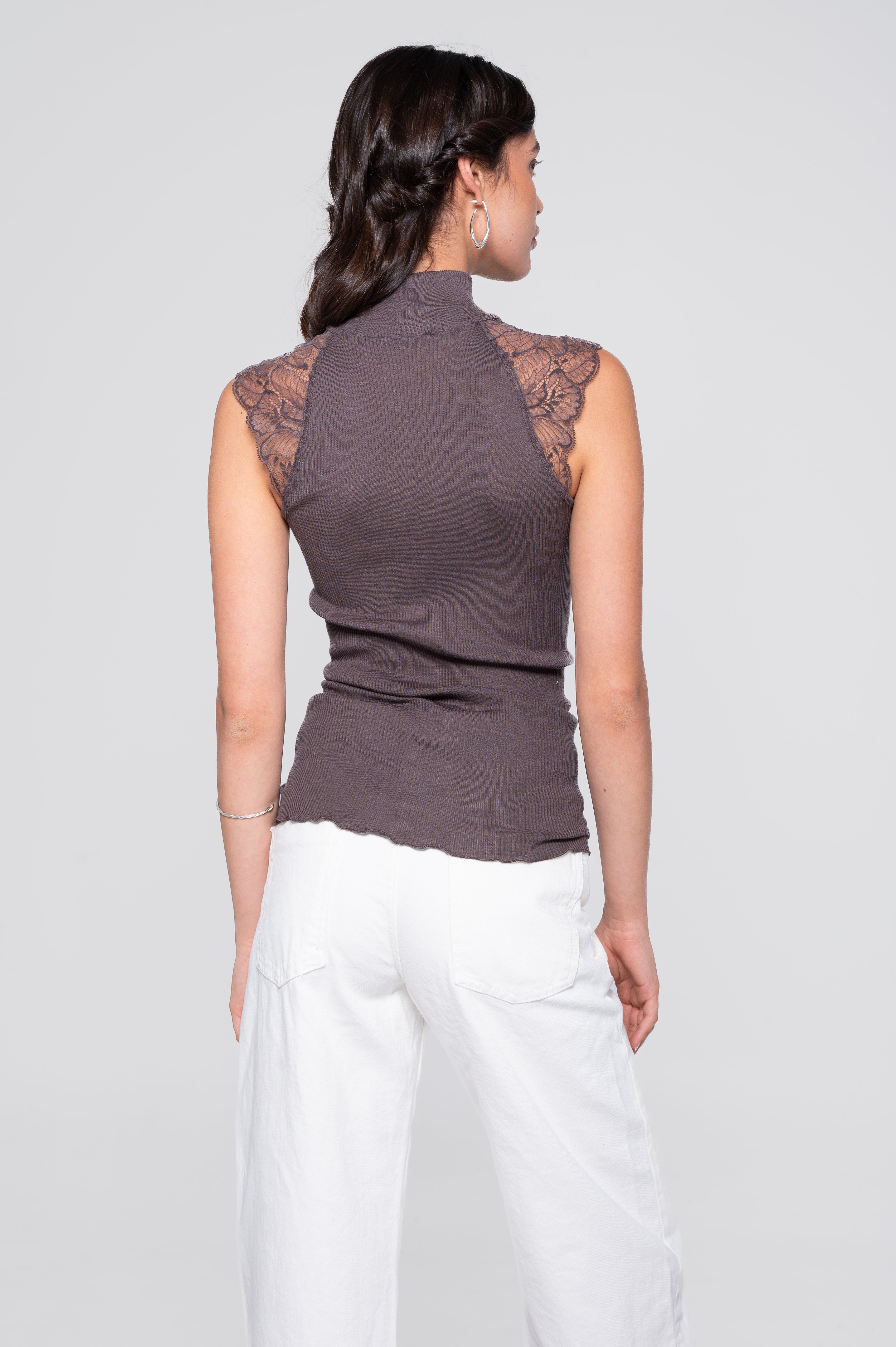 Wool and silk sleeveless mock neck top with Leavers lace 7611