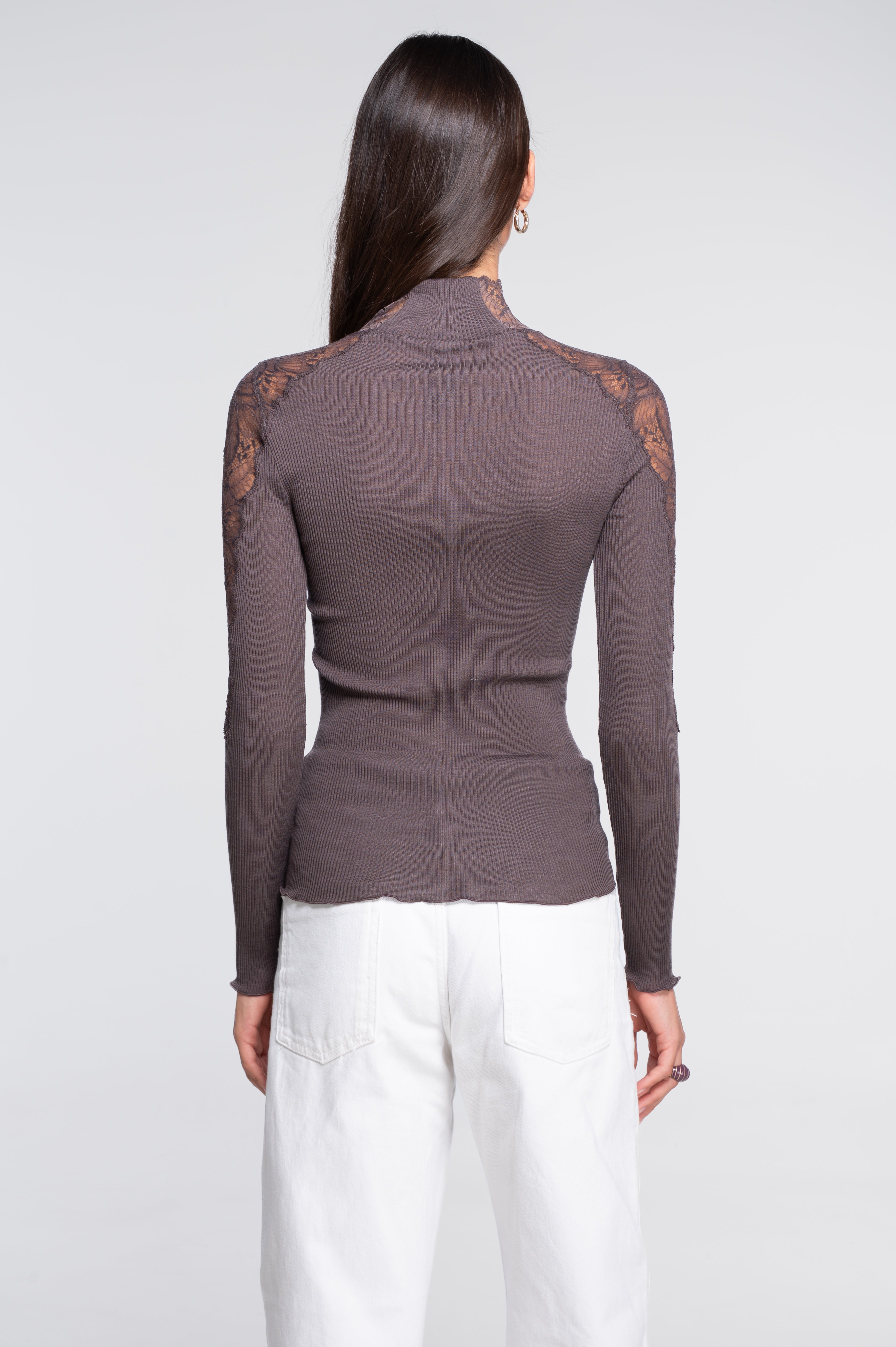 Wool and silk long sleeves mock neck shirt with Leavers lace insert 7613