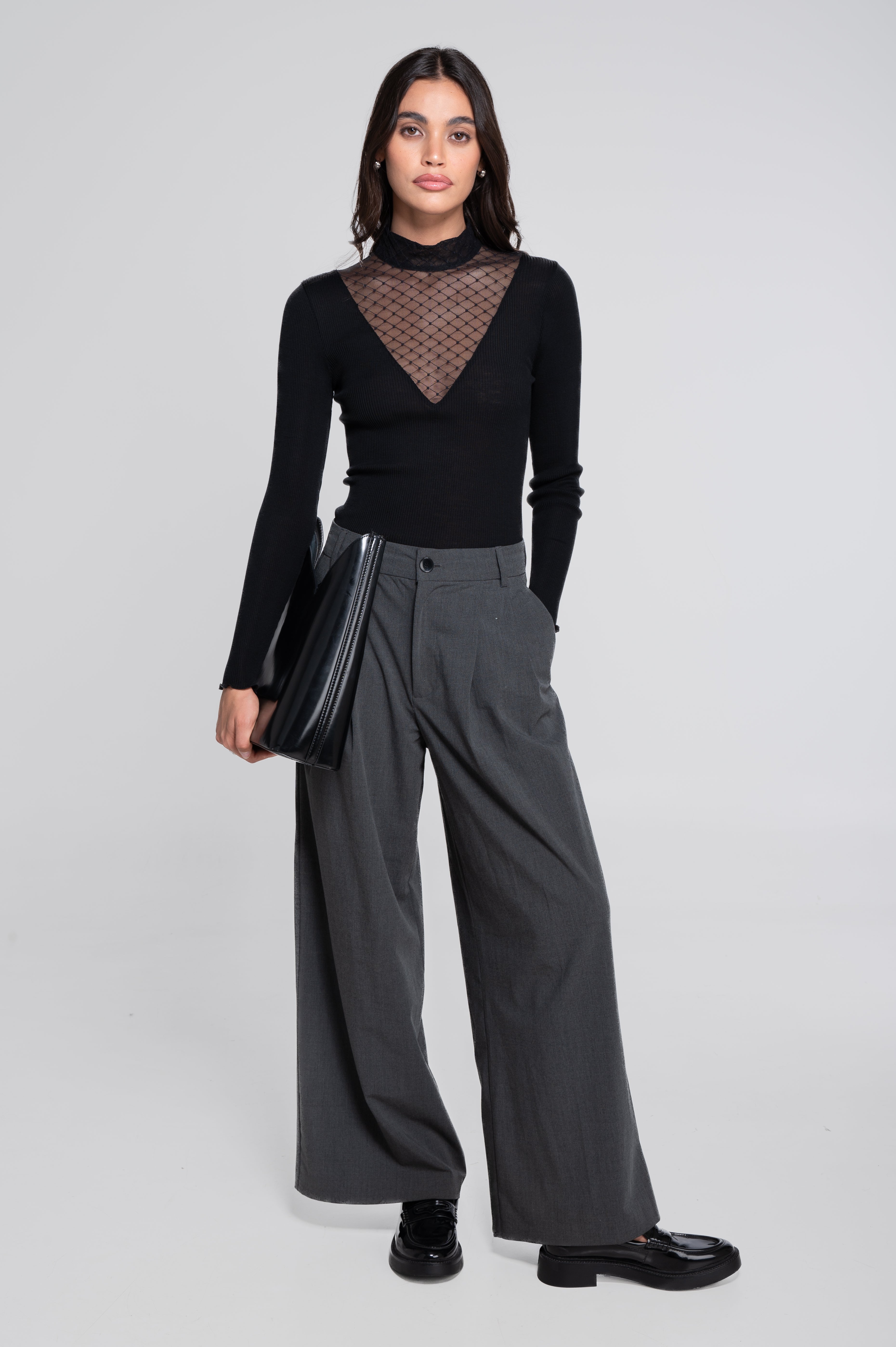 Wool and silk long sleeves mock neck shirt with diamond jacquard laize 7620