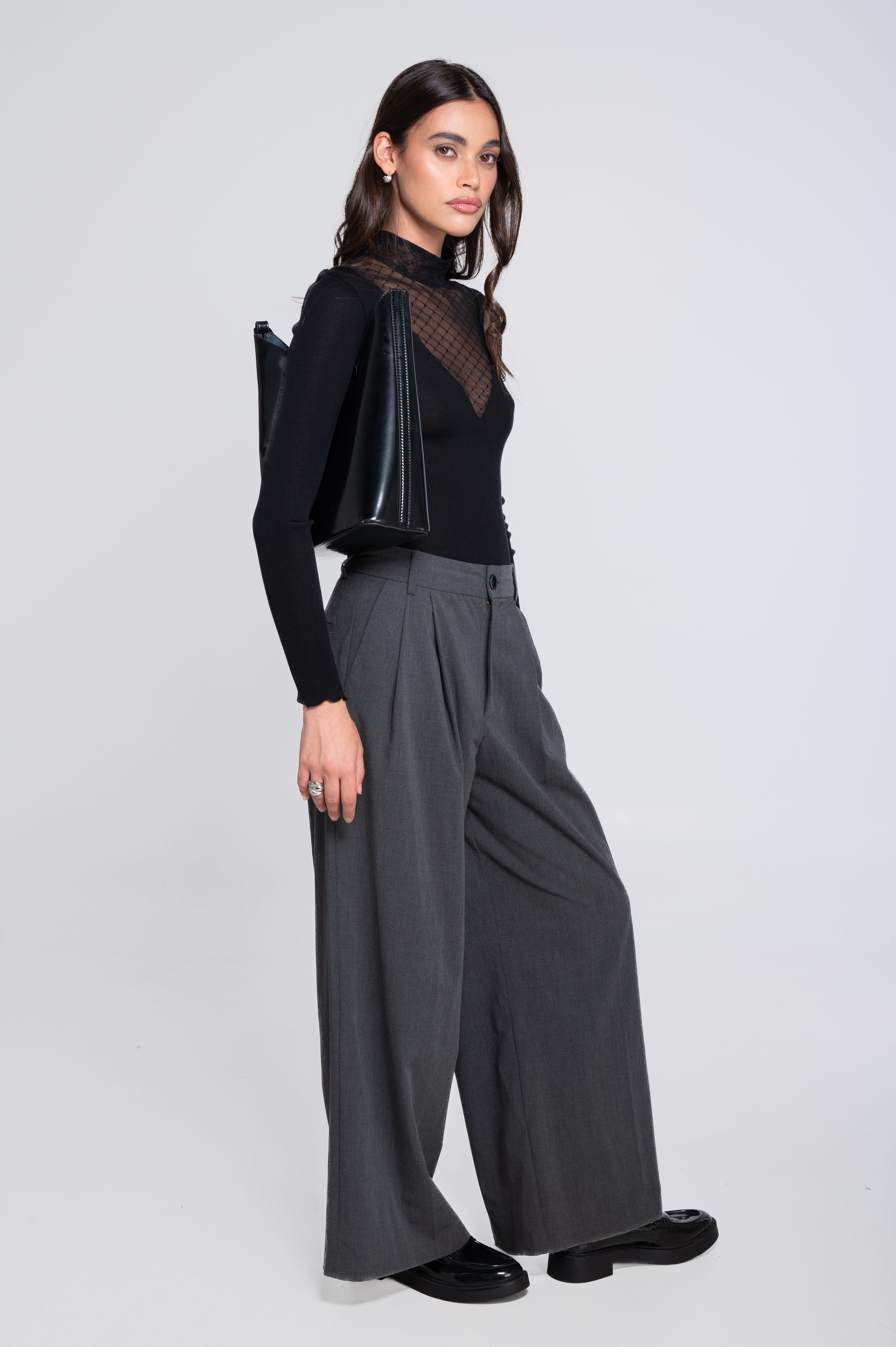 Wool and silk long sleeves mock neck shirt with diamond jacquard laize 7620