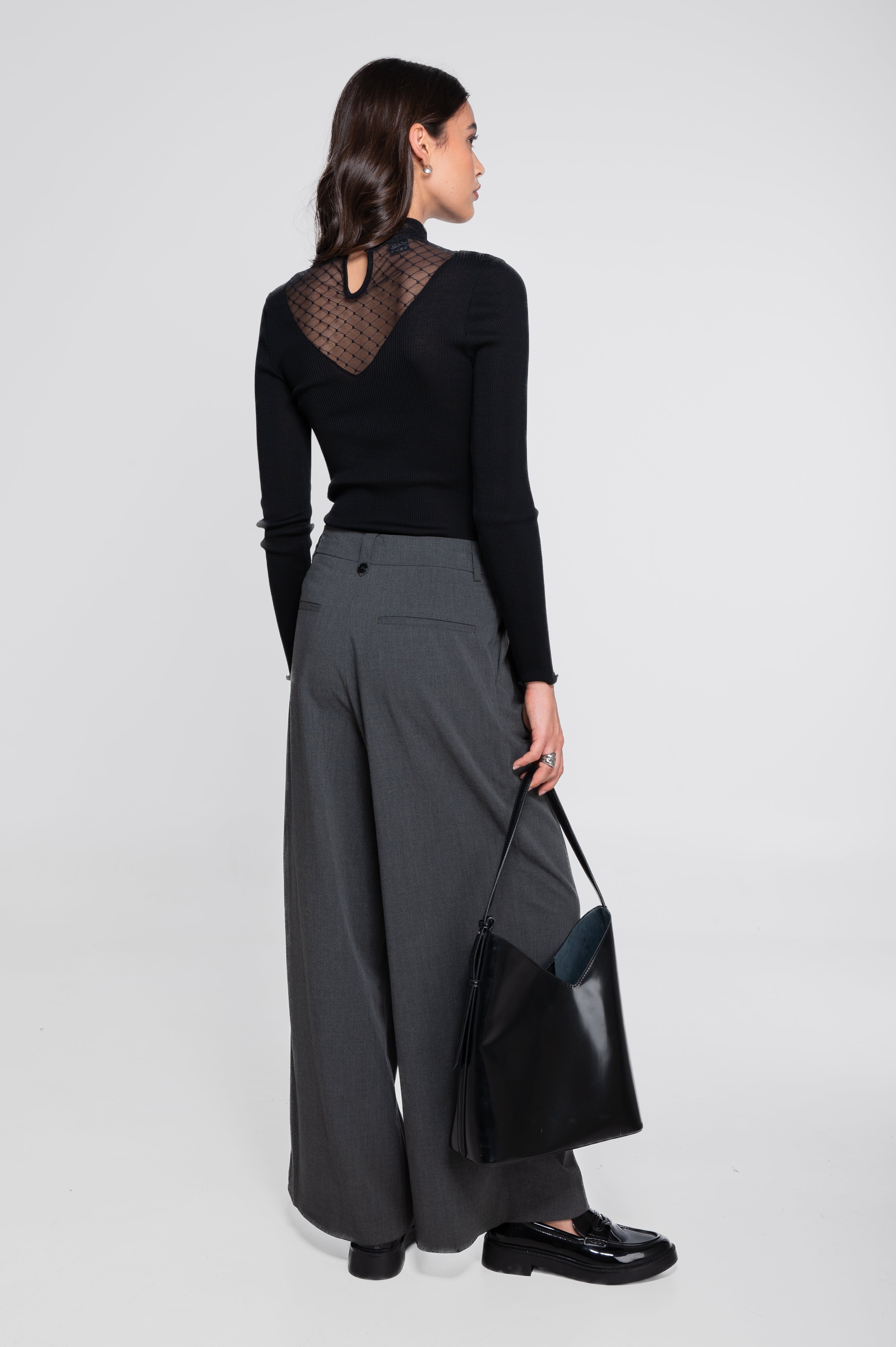 Wool and silk long sleeves mock neck shirt with diamond jacquard laize 7620