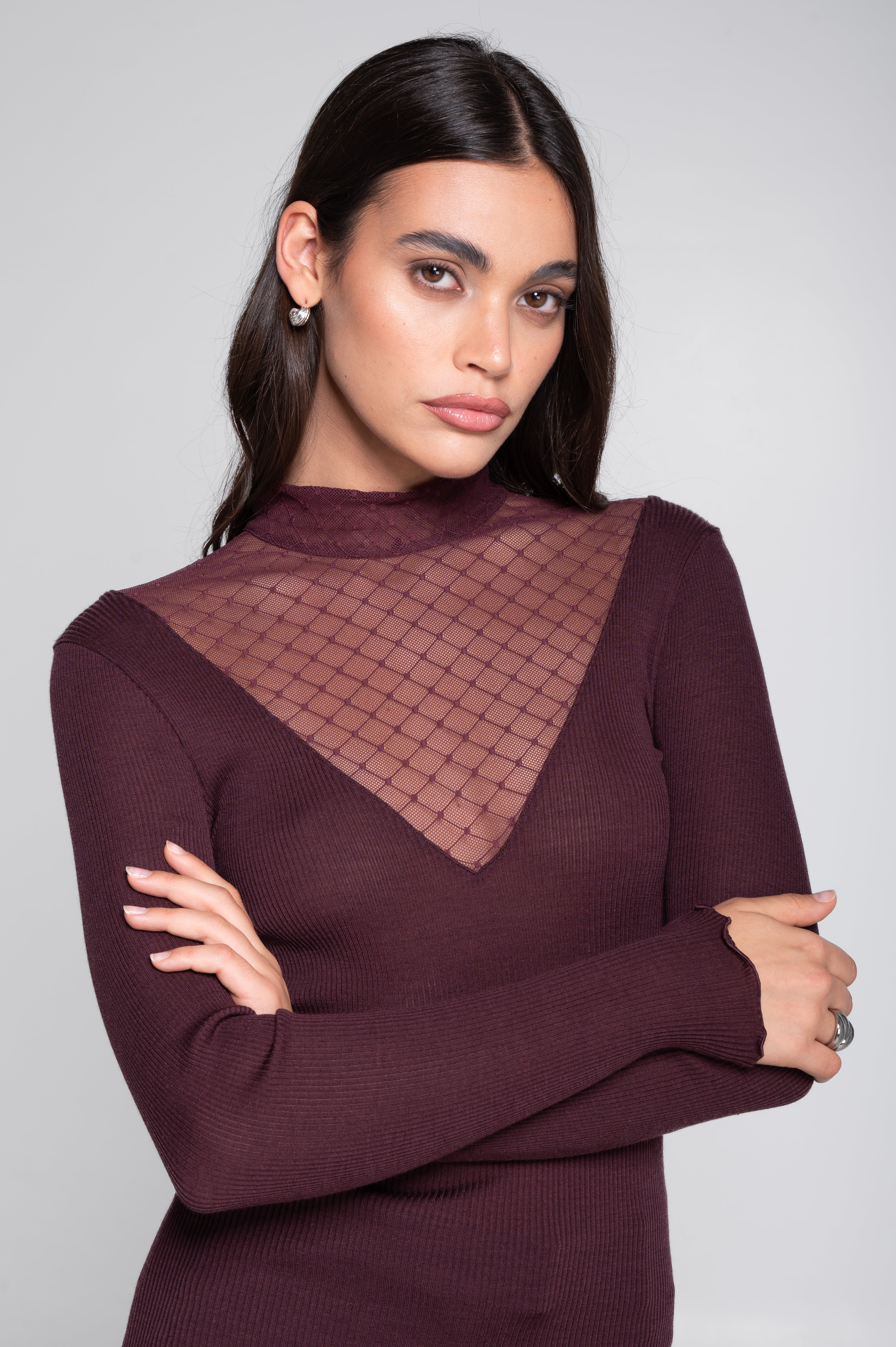 Wool and silk long sleeves mock neck shirt with diamond jacquard laize 7620