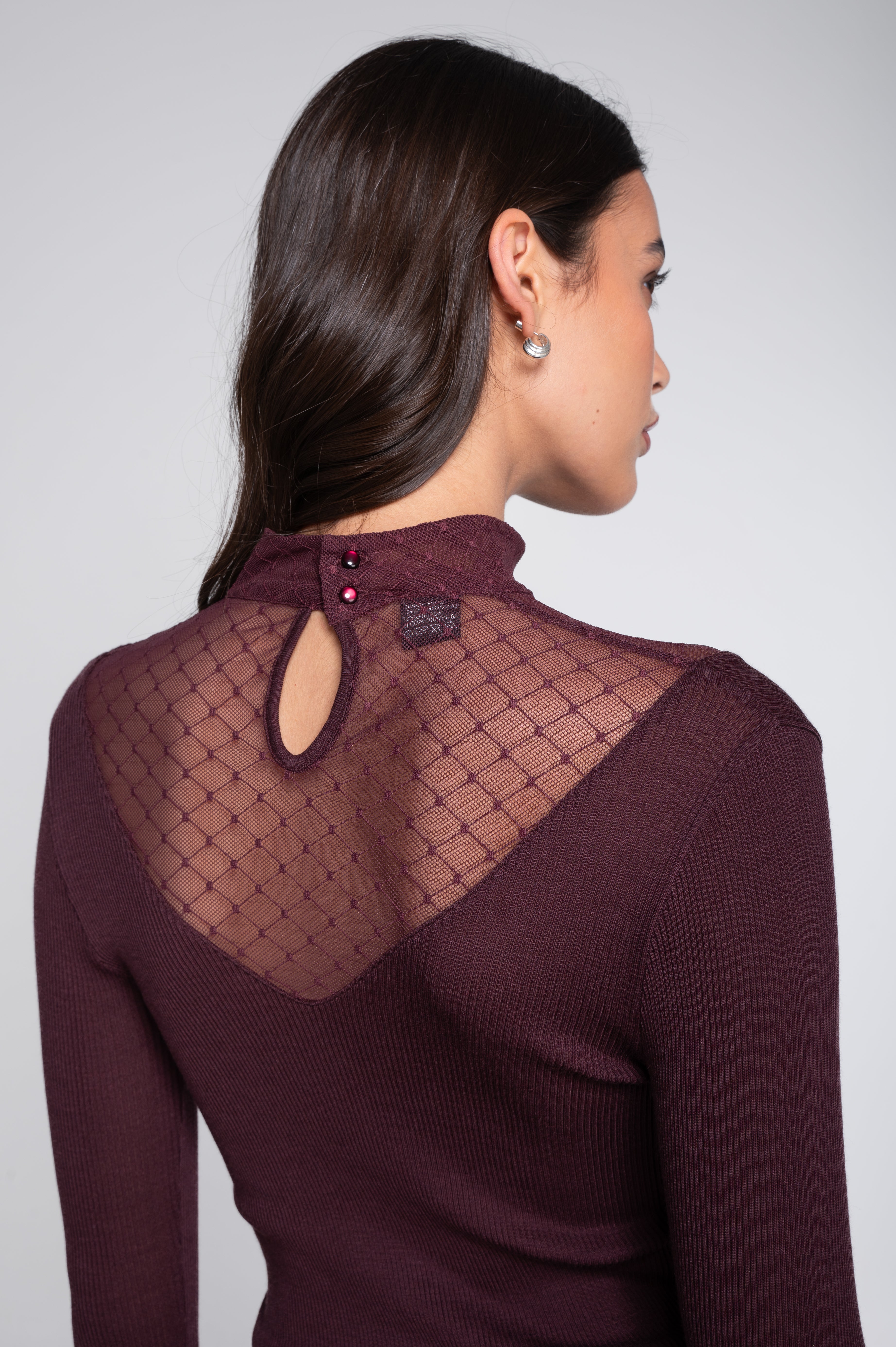 Wool and silk long sleeves mock neck shirt with diamond jacquard laize 7620