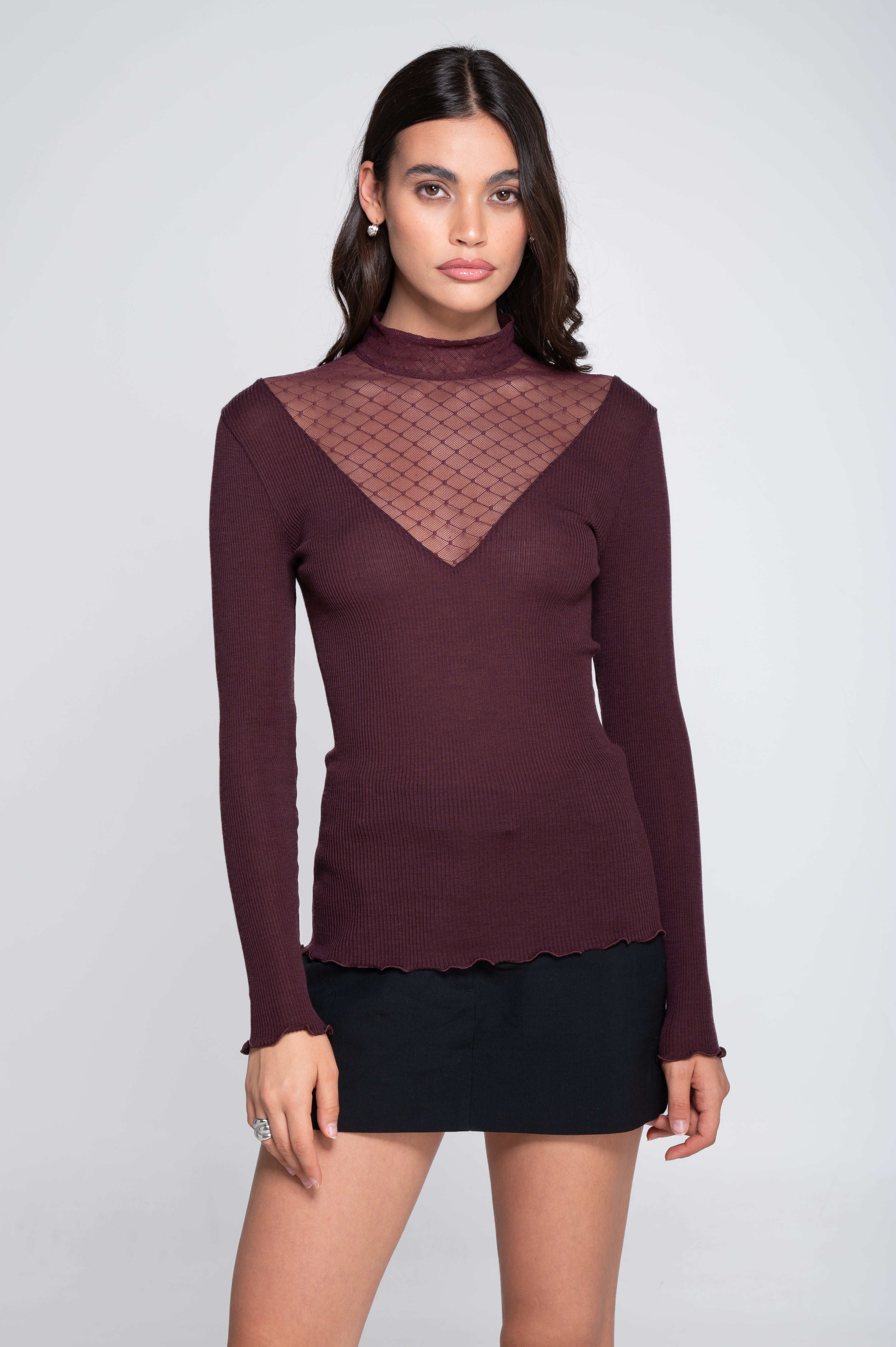 Wool and silk long sleeves mock neck shirt with diamond jacquard laize 7620