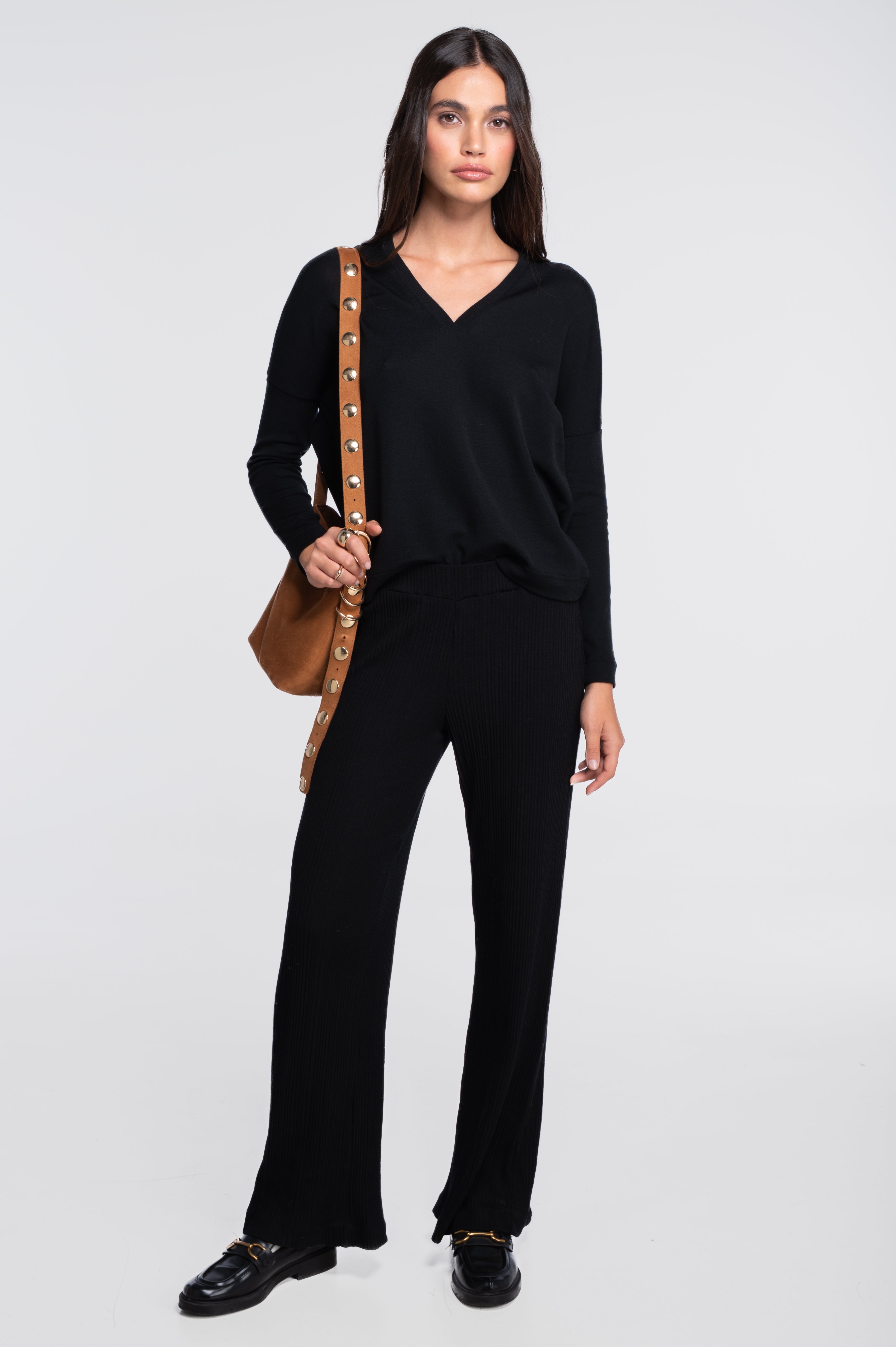 Wool and silk long sleeves V neck shirt 7636