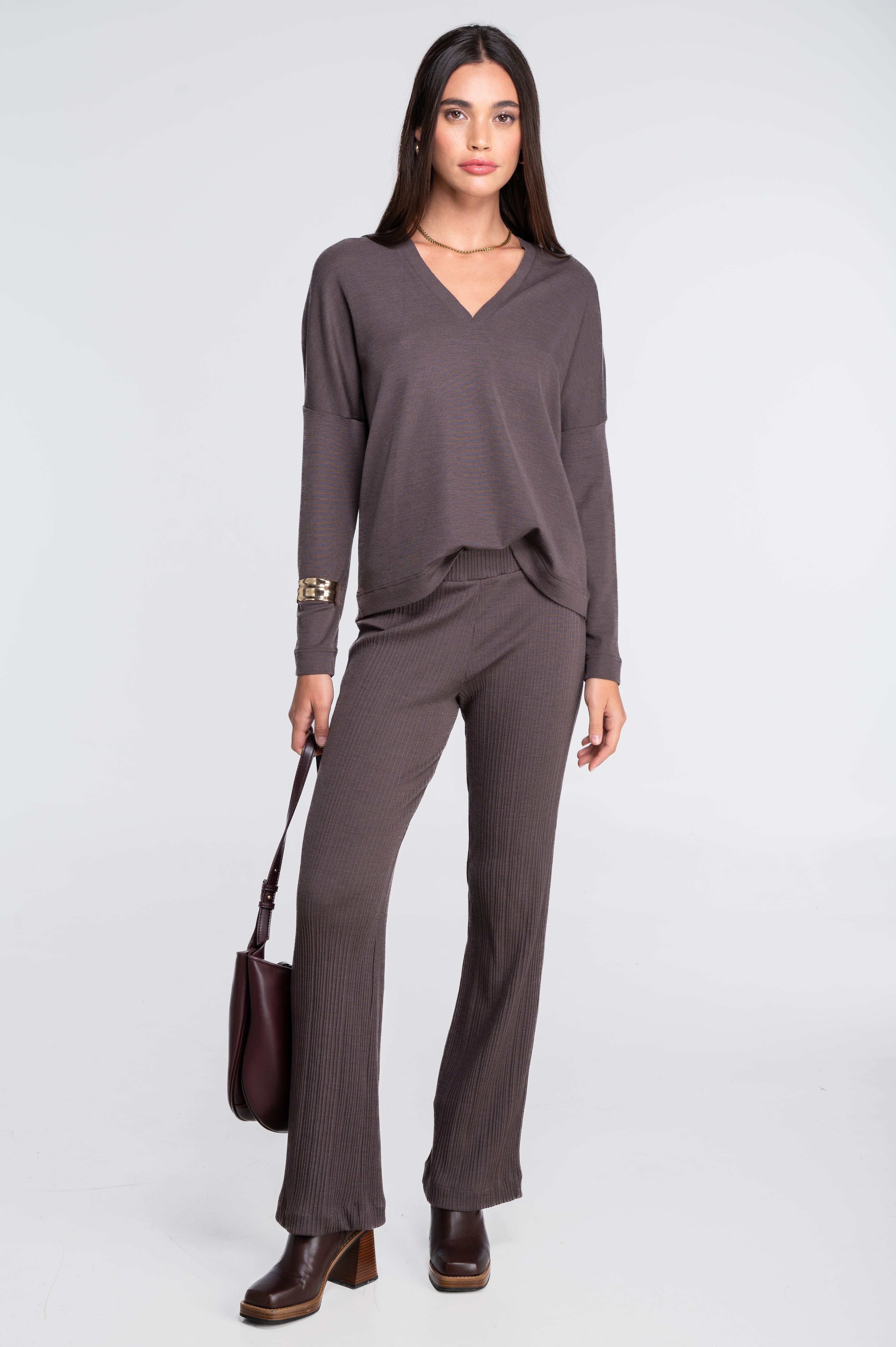 Wool and silk long sleeves V neck shirt 7636