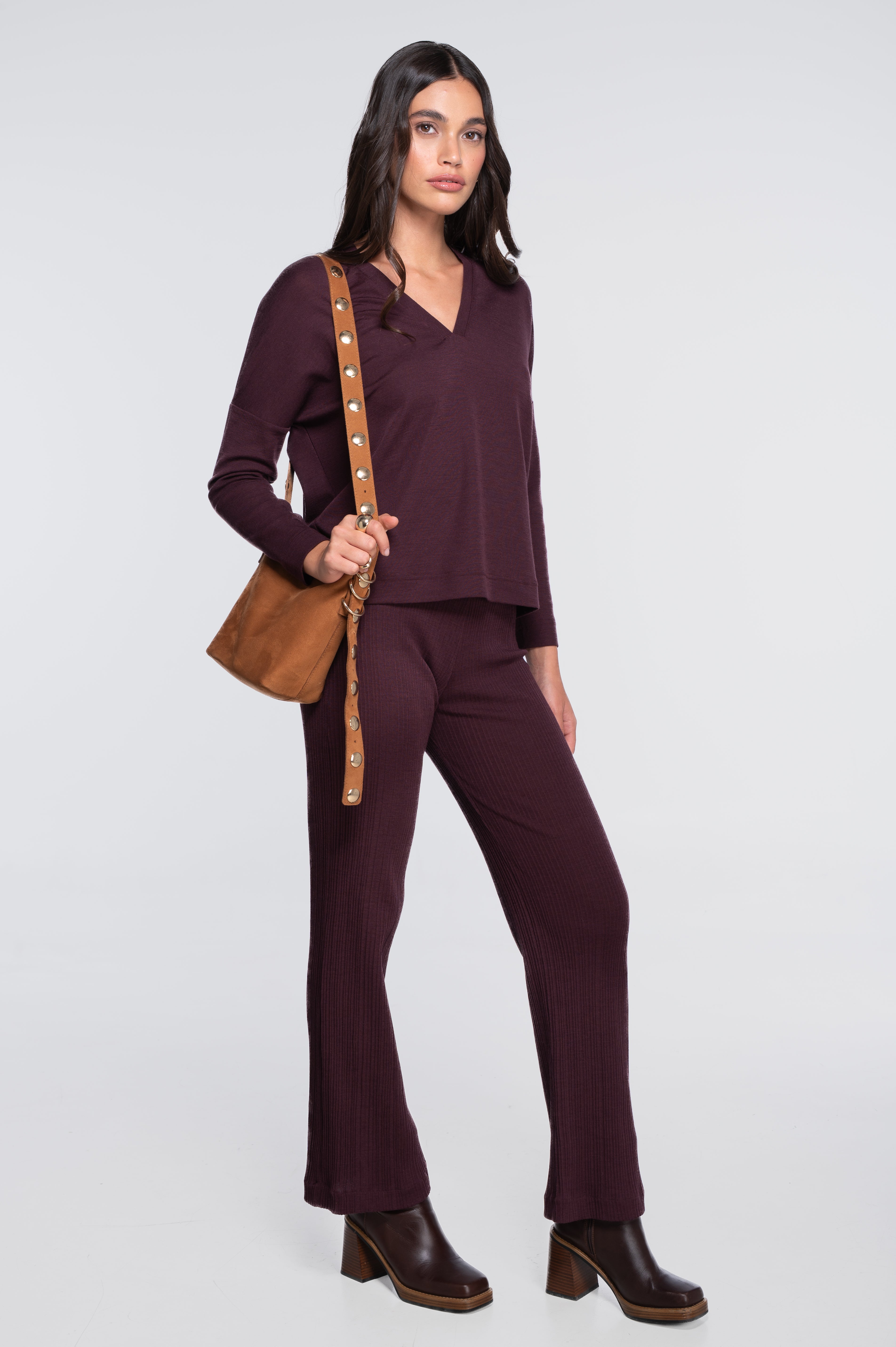 Wide-leg wool and silk trousers with irregular rib 7468